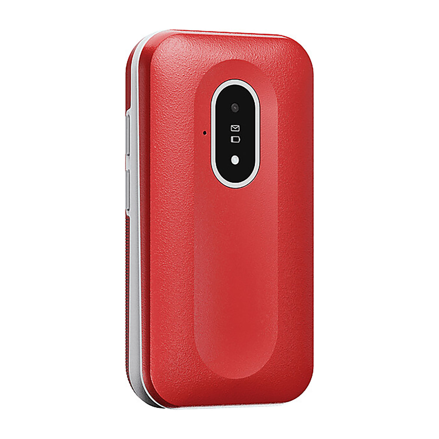 Czerwony telefon z klapką, zamknięty. Ma aparat i mały ekran na zewnątrz.