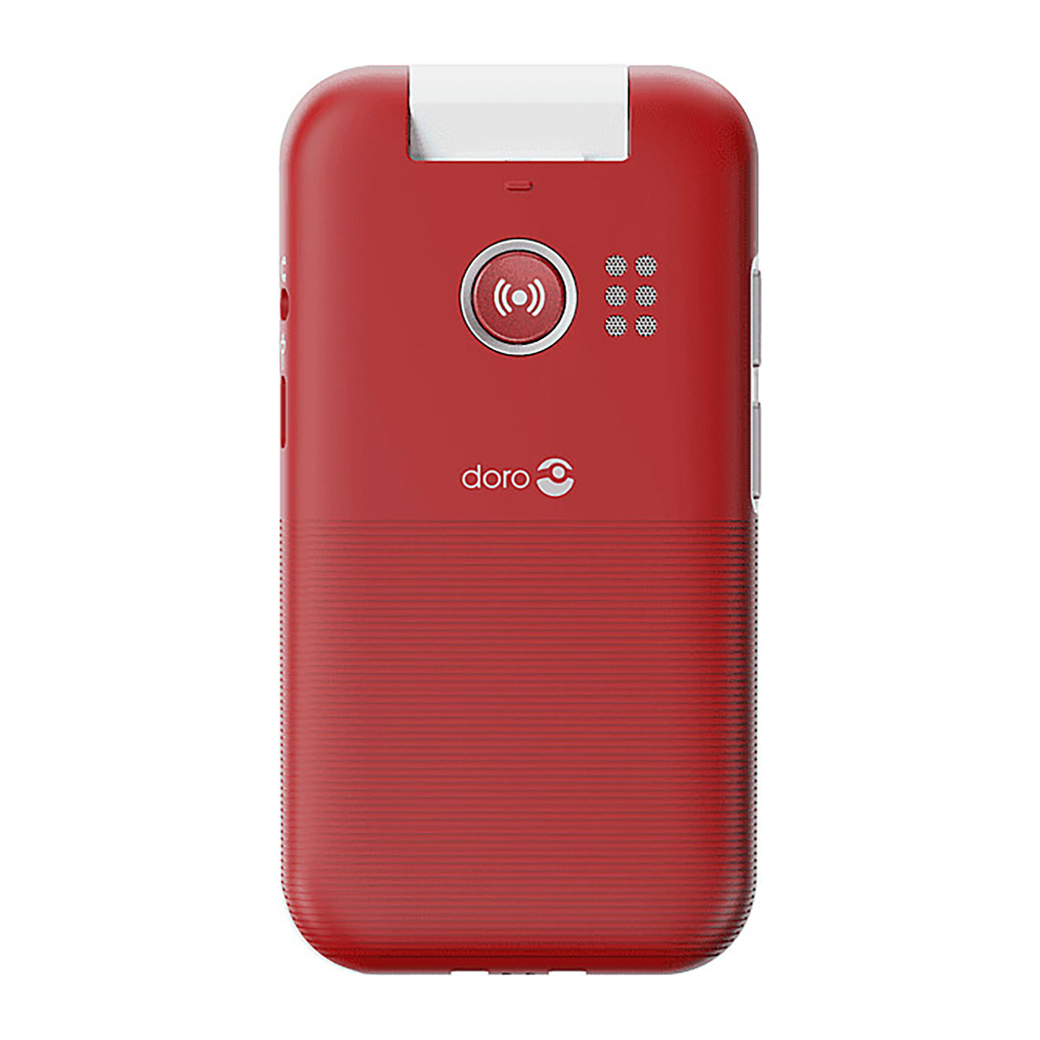 Czerwony telefon Doro z białą górną częścią i dużym przyciskiem połączenia. Na białym tle.