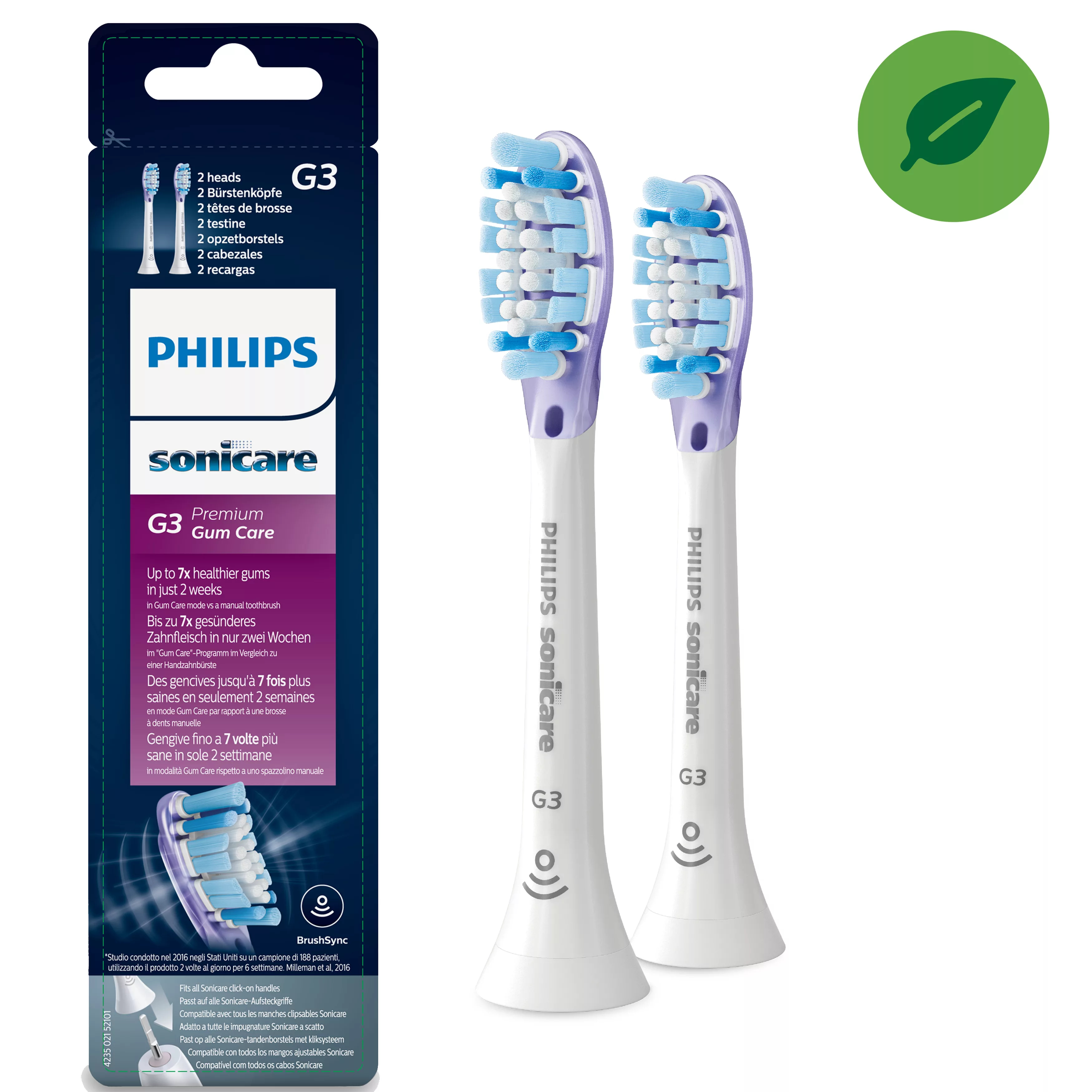 Zwei Zahnbürstenköpfe in einer Packung. Die Verpackung ist blau und weiß, mit Produktdetails.