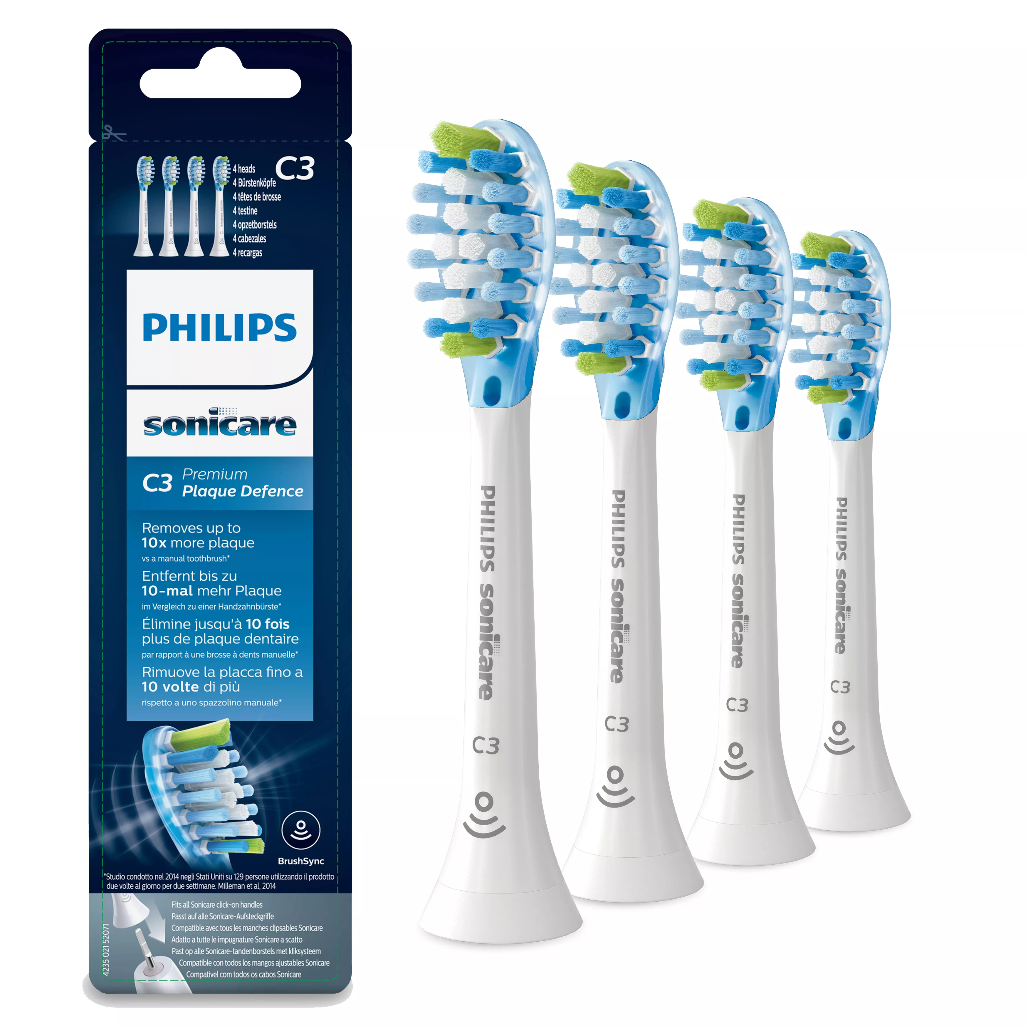 Cztery końcówki do szczoteczki Philips Sonicare w opakowaniu z tekstem, ułożone obok siebie.
