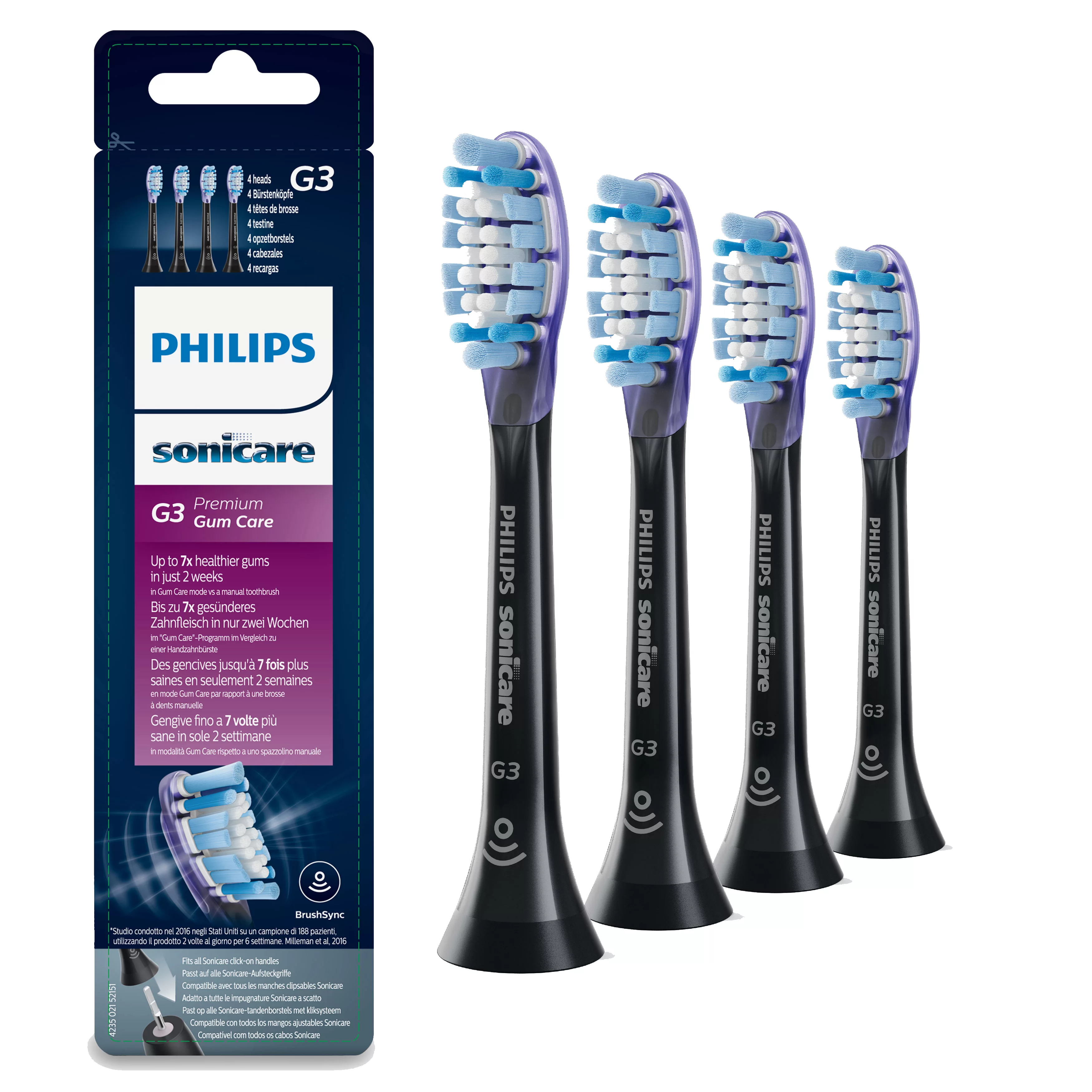 Cztery główki do szczoteczki do zębów Philips Sonicare w pudełku. Główki mają niebieskie i białe włosie.