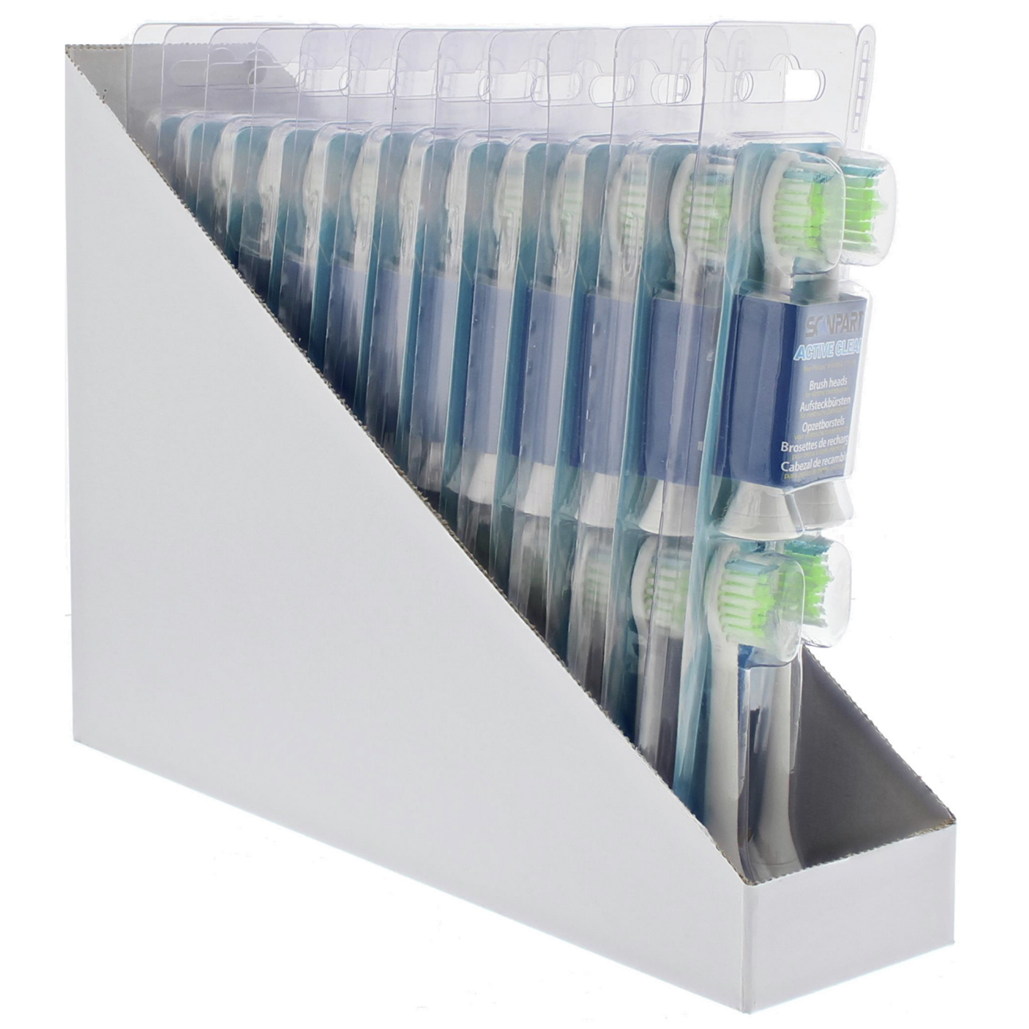 Główki szczoteczek do zębów w pudełku ekspozycyjnym. Niebieskie i białe opakowanie. Białe tło.