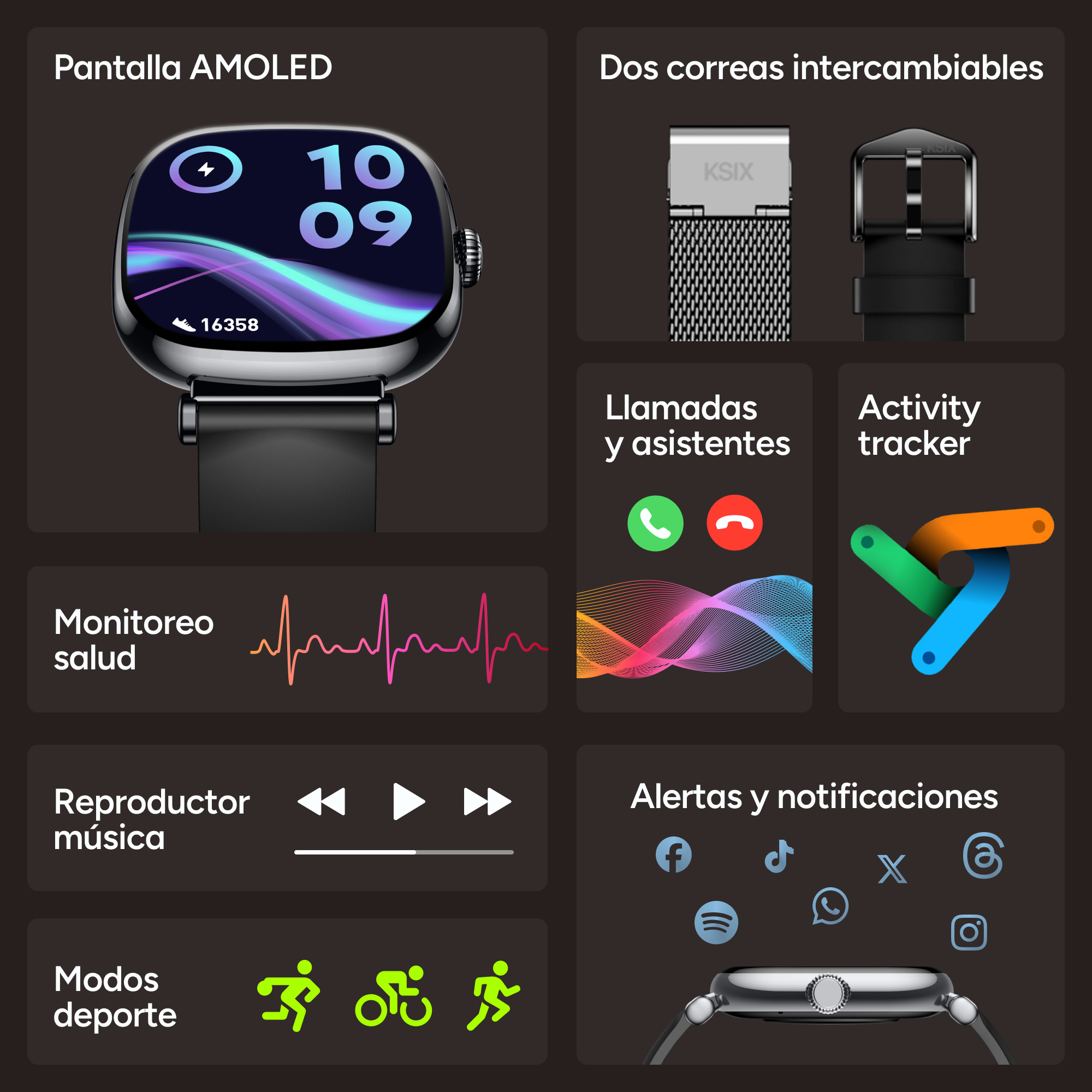 Smartwatch con pantalla AMOLED, dos correas y funciones de salud.