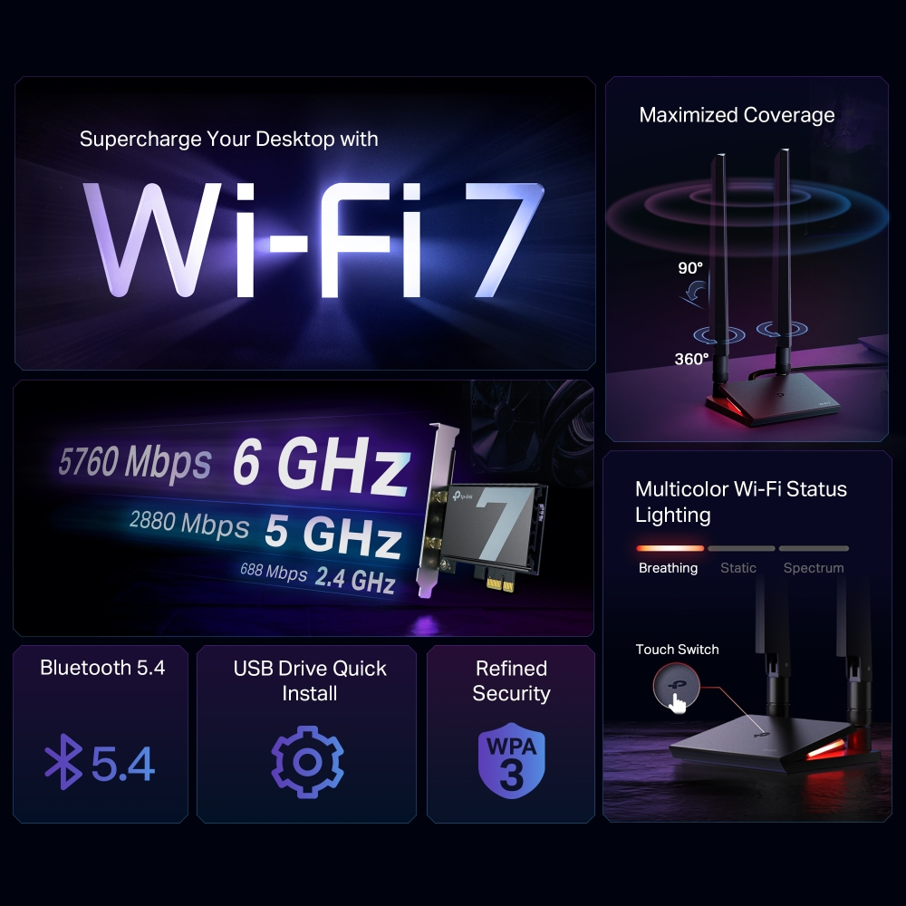 Un'immagine promozionale di un dispositivo Wi-Fi 7 con grafica, specifiche e un supporto nero.