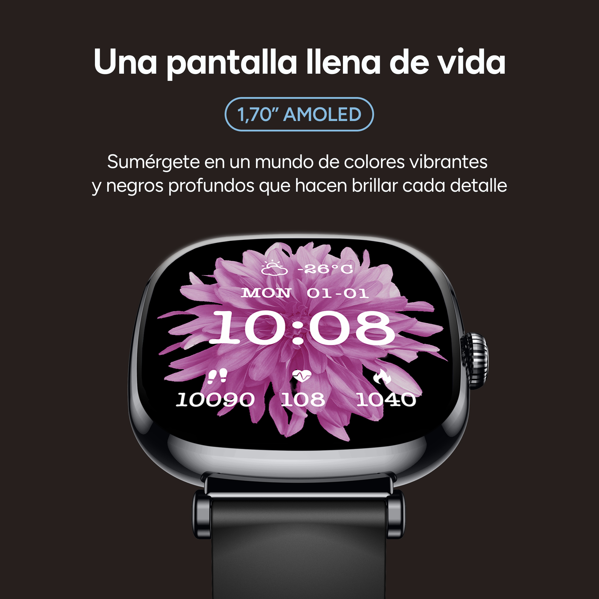 Un reloj inteligente con una flor en la pantalla, rodeado de texto sobre un fondo oscuro.