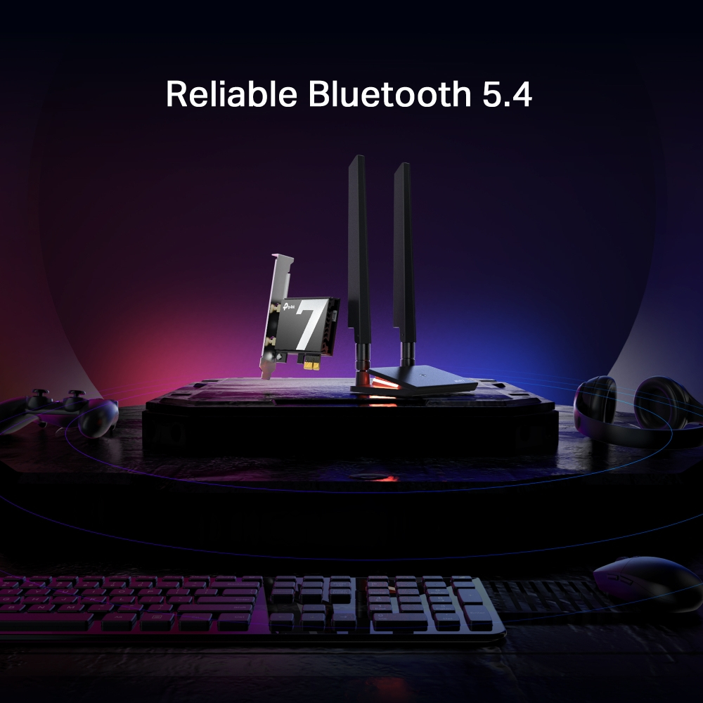 Un'immagine promozionale di un dispositivo Wi-Fi 7 con configurazione desktop e il logo Bluetooth affidabile.