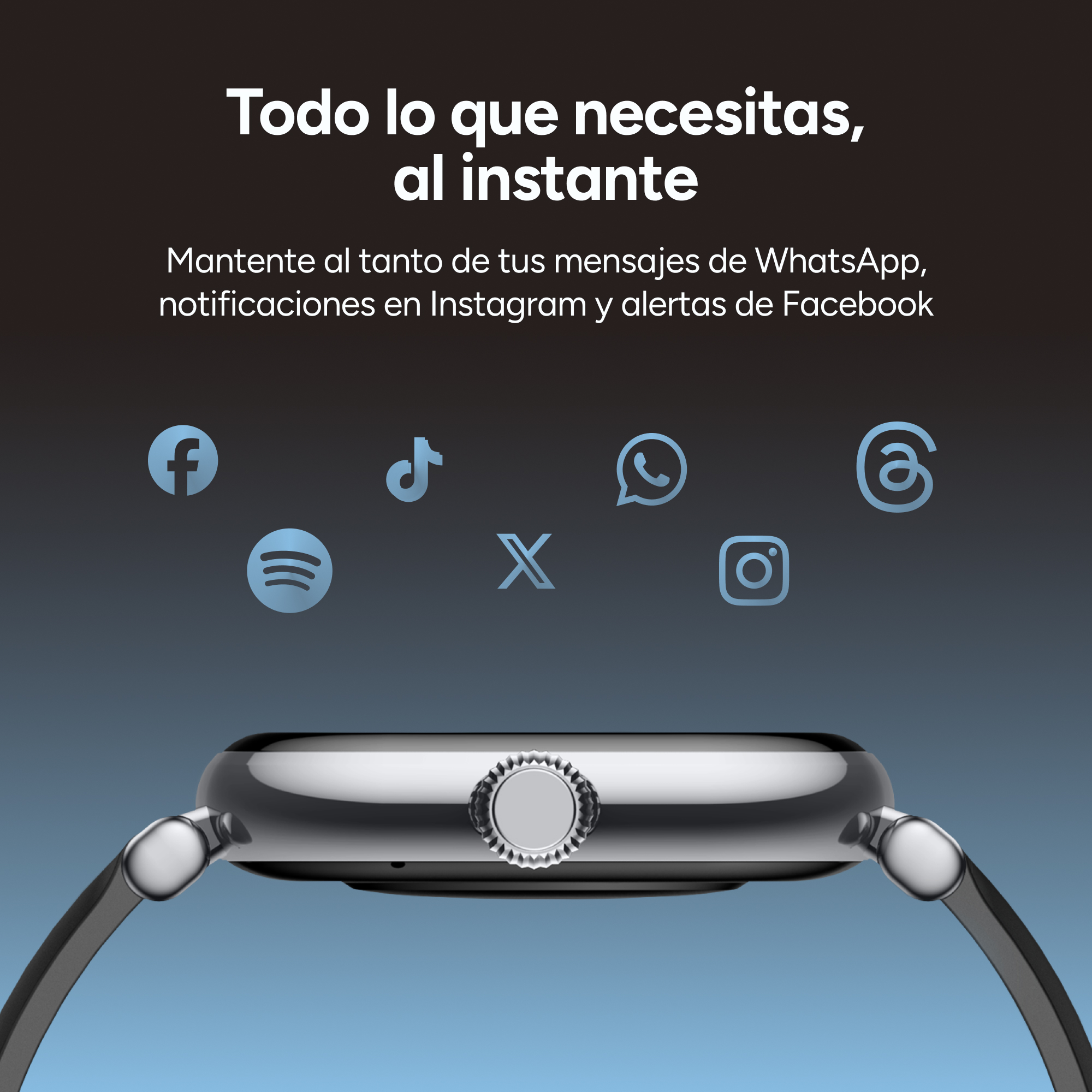Un smartwatch con iconos de aplicaciones de redes sociales, con fondo degradado azul.