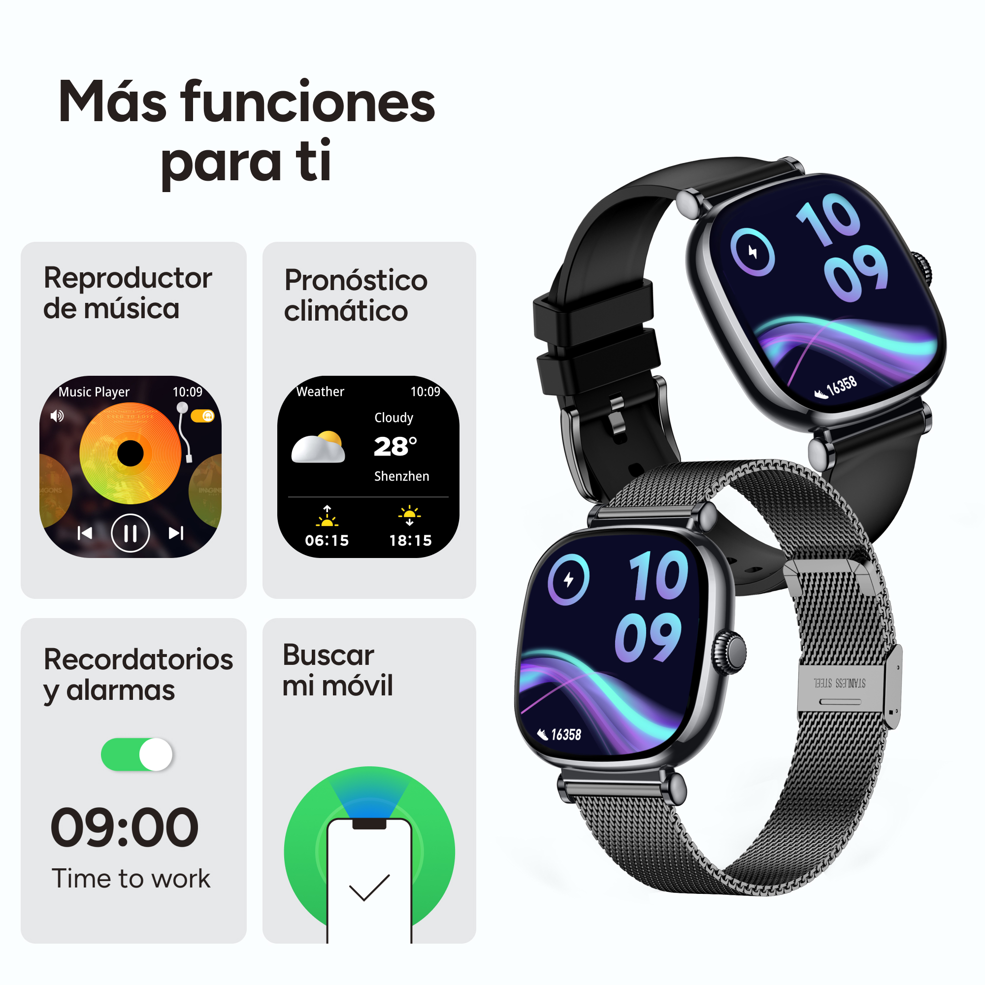 Interfaz de reloj inteligente mostrando reproductor de música, clima y recordatorios.