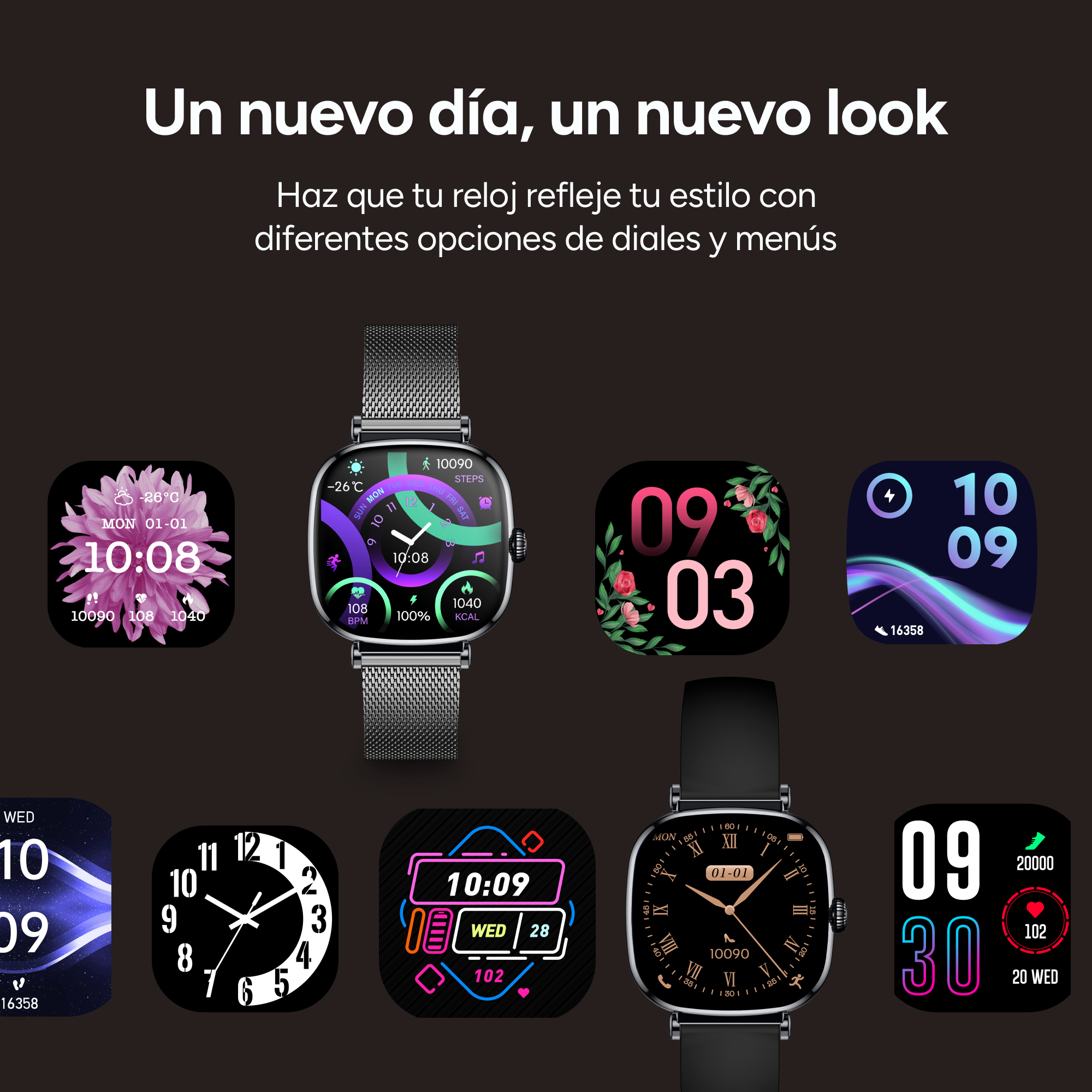 Smartwatches con varias esferas. Los relojes muestran la hora, los pasos, la frecuencia cardíaca y otros datos.