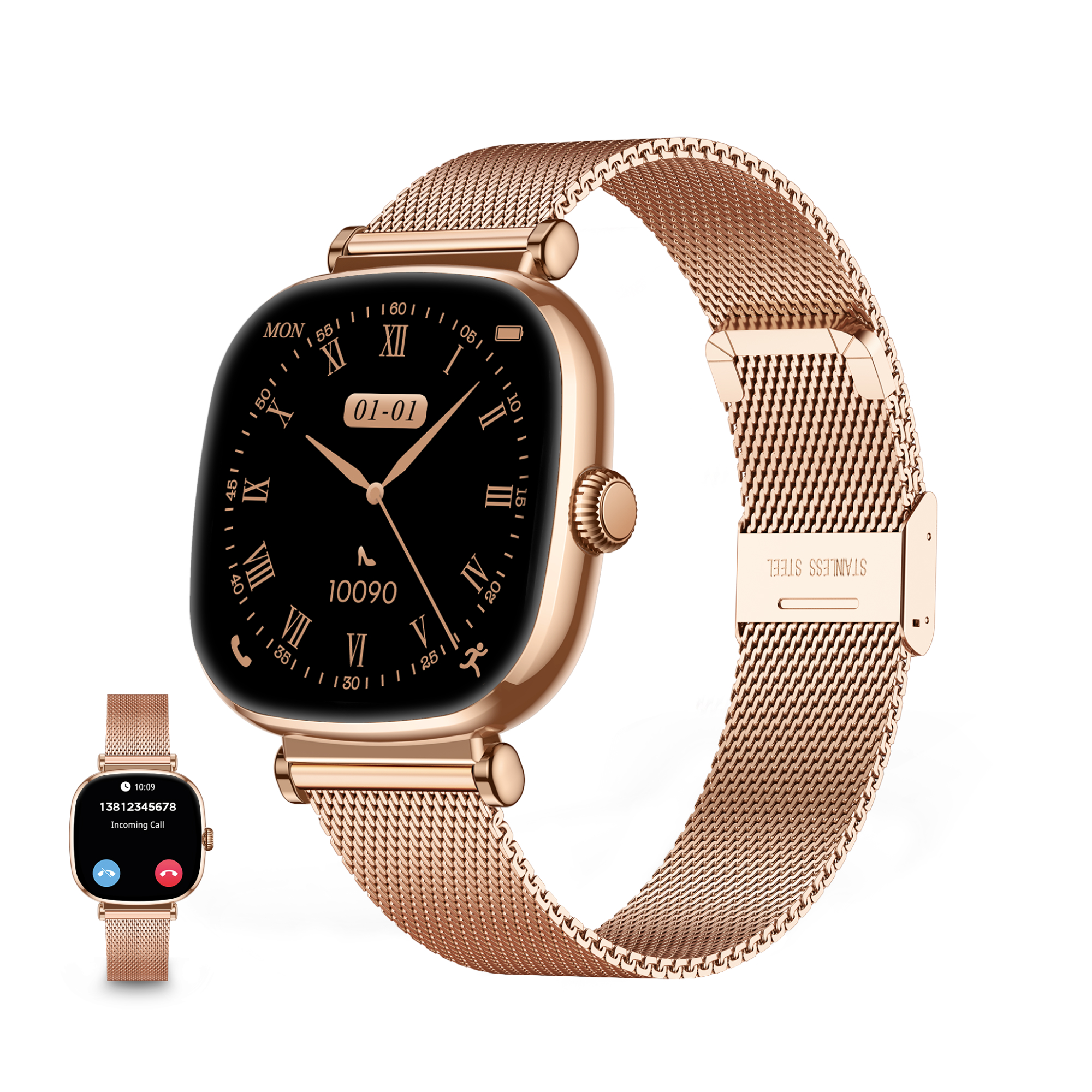 Smartwatch oro rosa con pantalla negra, muestra la hora. Reloj pequeño muestra llamada entrante.
