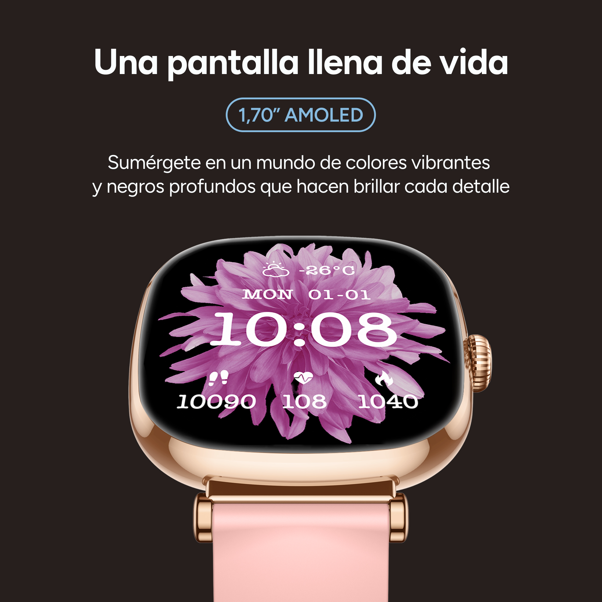 Un reloj inteligente con un diseño floral en la pantalla, correa rosa y caja dorada.