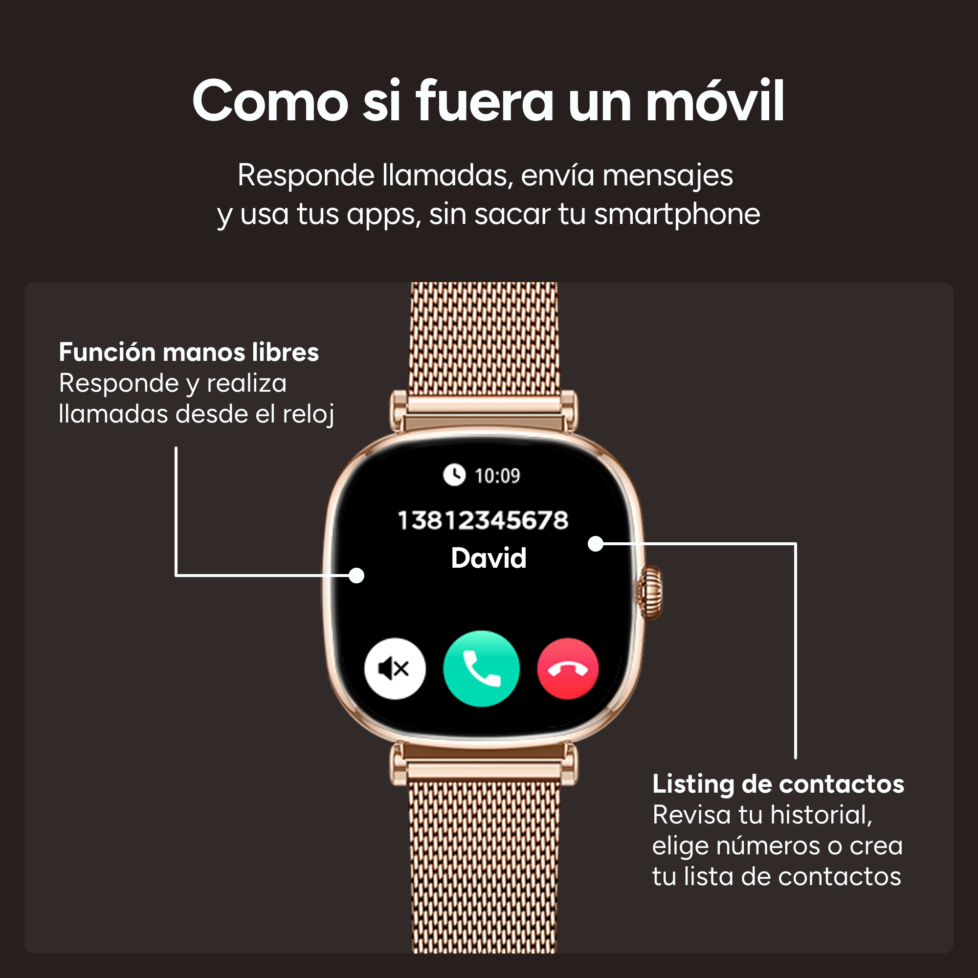 Pantalla de reloj inteligente que muestra una interfaz de llamada: nombre de contacto, número y botones de llamada en un reloj dorado.