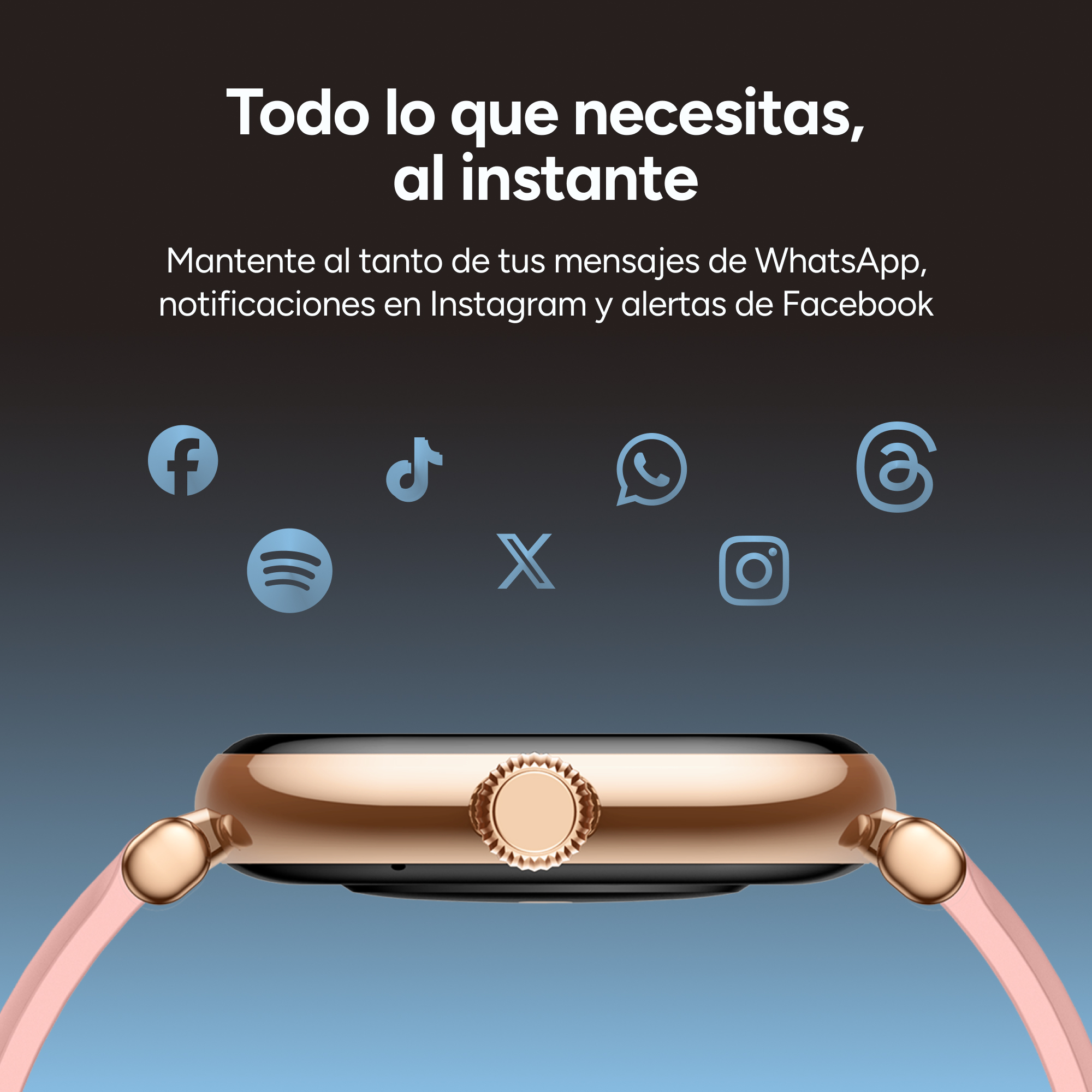 Un smartwatch con caja dorada y correa rosa, rodeado de iconos de redes sociales, sobre un fondo azul.