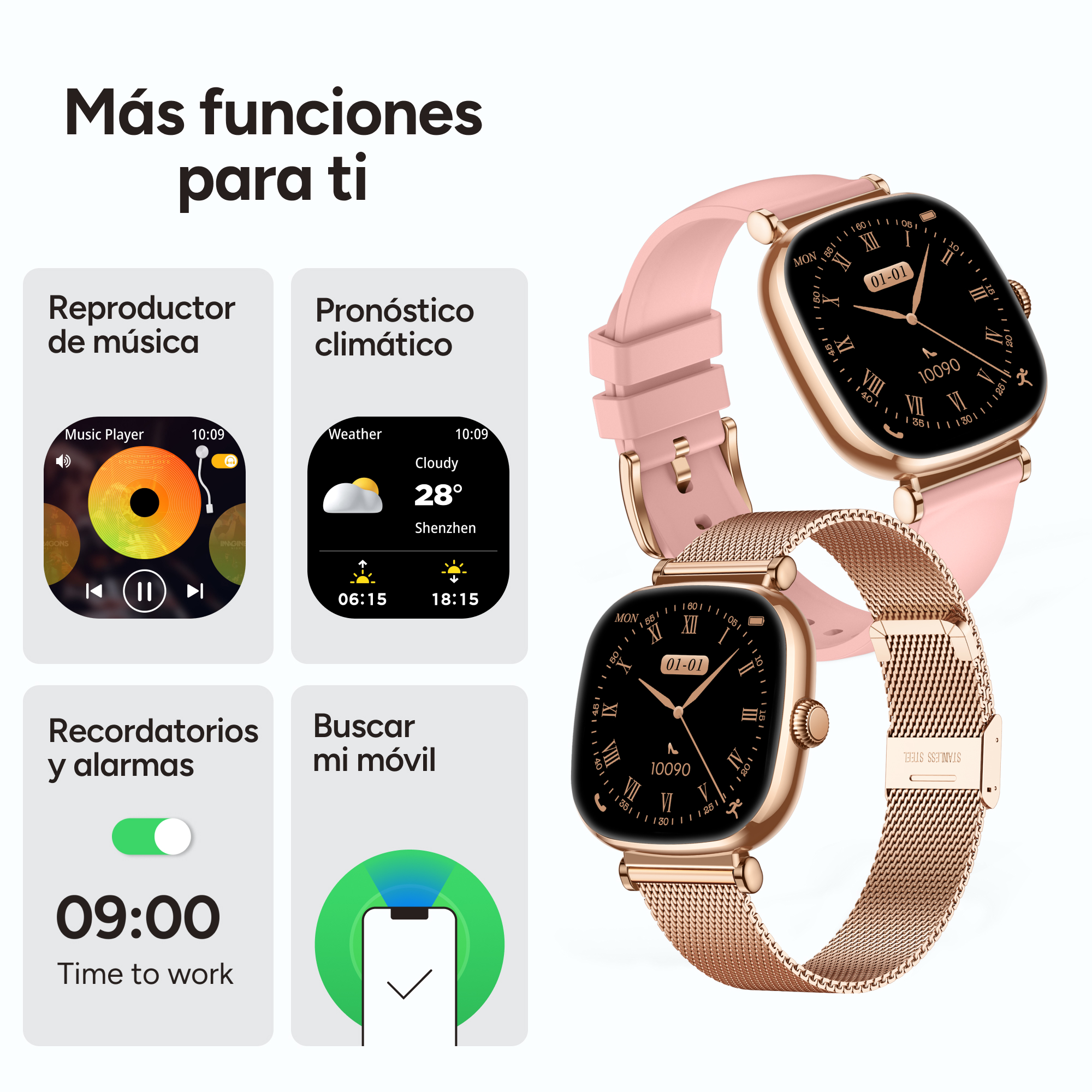 Reloj inteligente que muestra reproductor de música, clima, recordatorios y búsqueda móvil.
