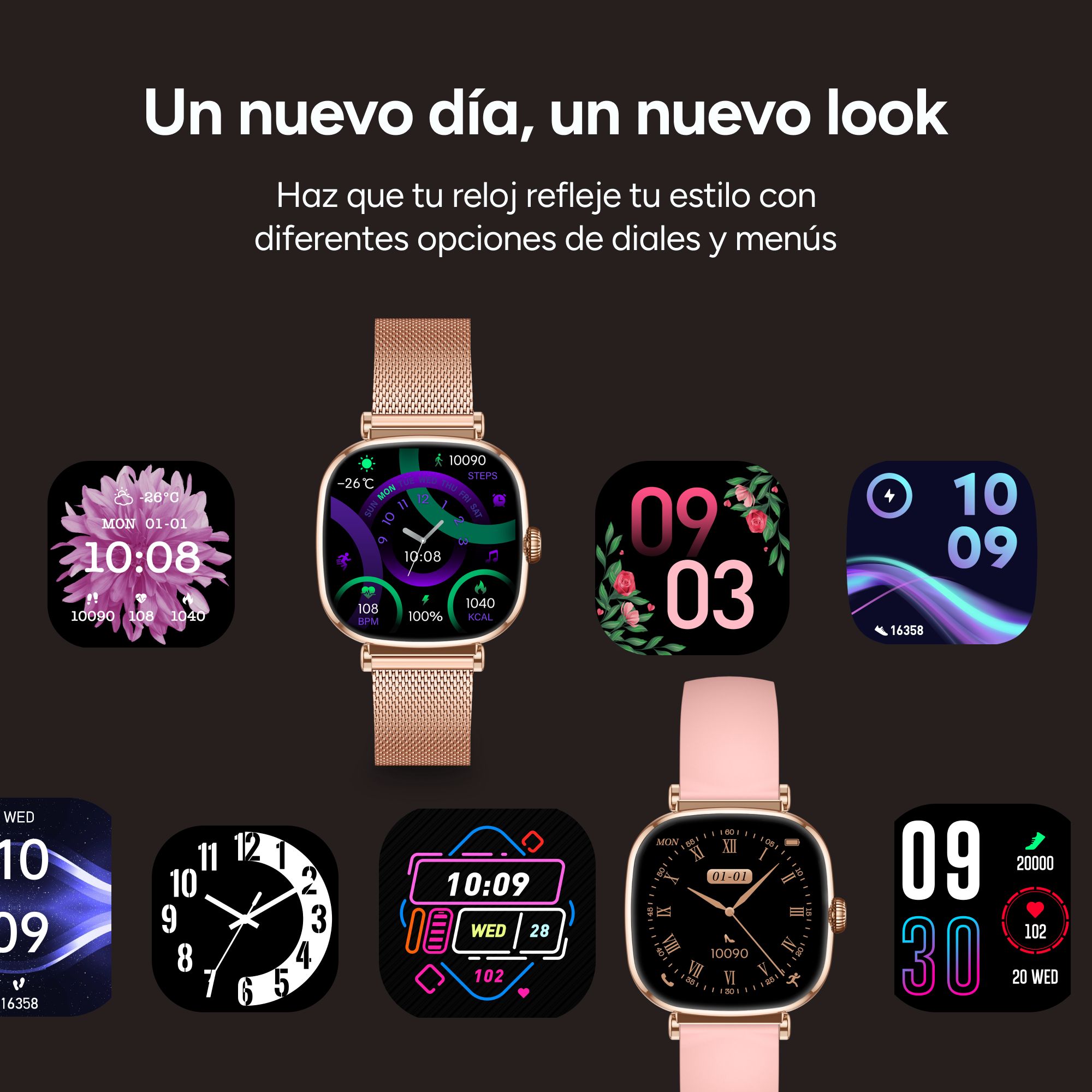 Smartwatches que muestran diferentes esferas, con un reloj de correa dorada en el centro.
