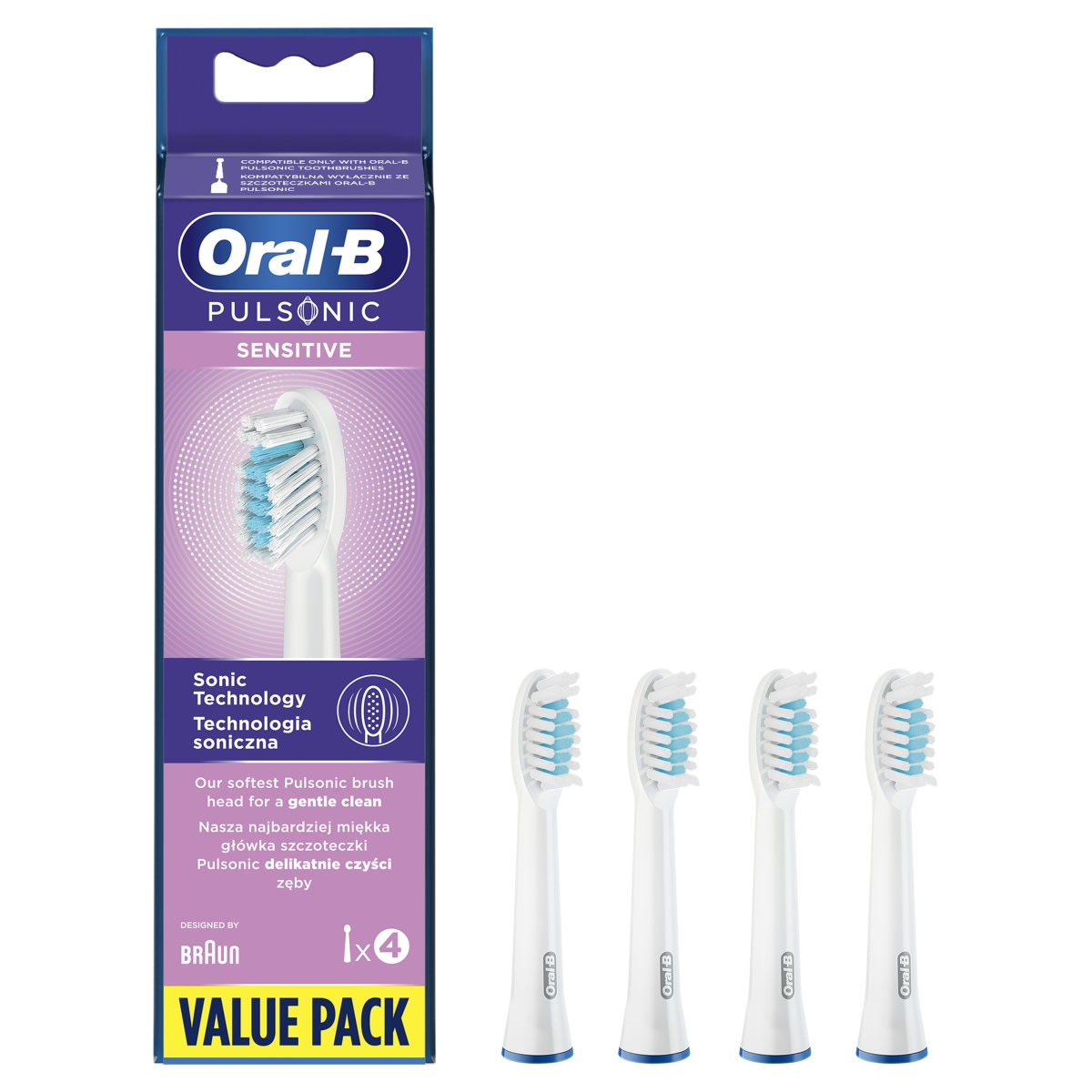 Oral-B Pulsanic sensitive toothbrush heads in a box.