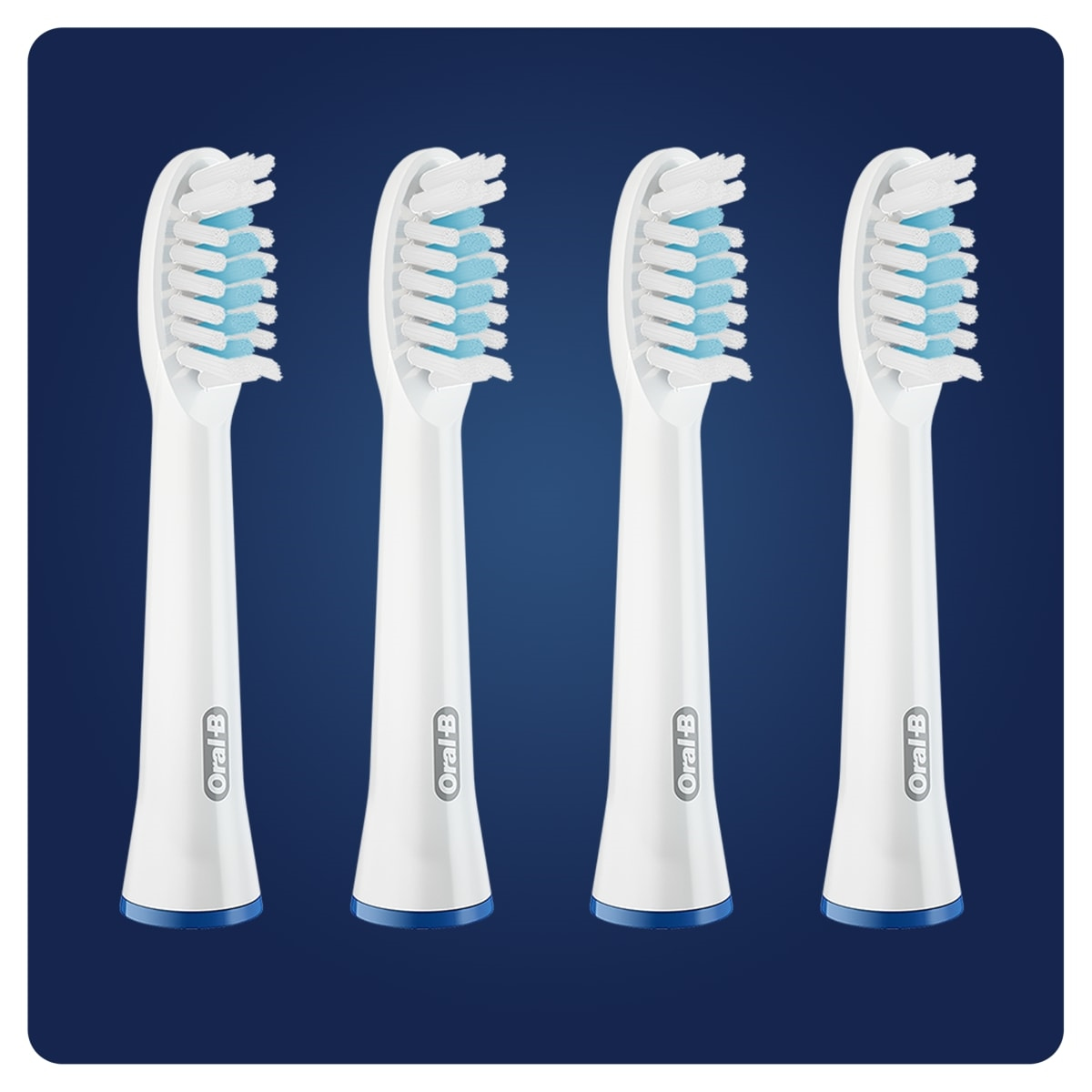 Four Oral-B toothbrush heads with blue bases and white bristles.
