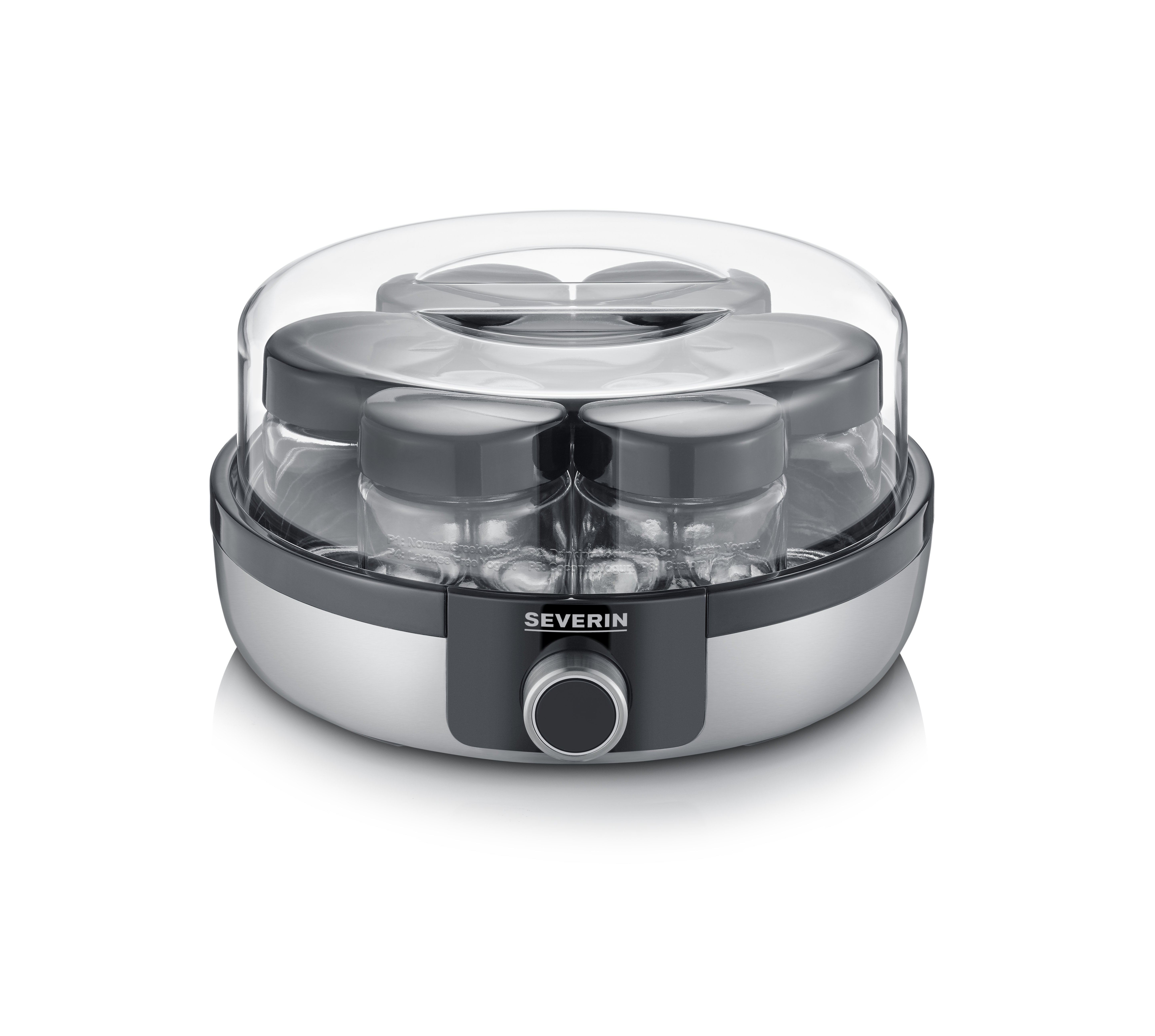Yogurtera con tarros de vidrio dentro, tapa transparente y perilla de control.