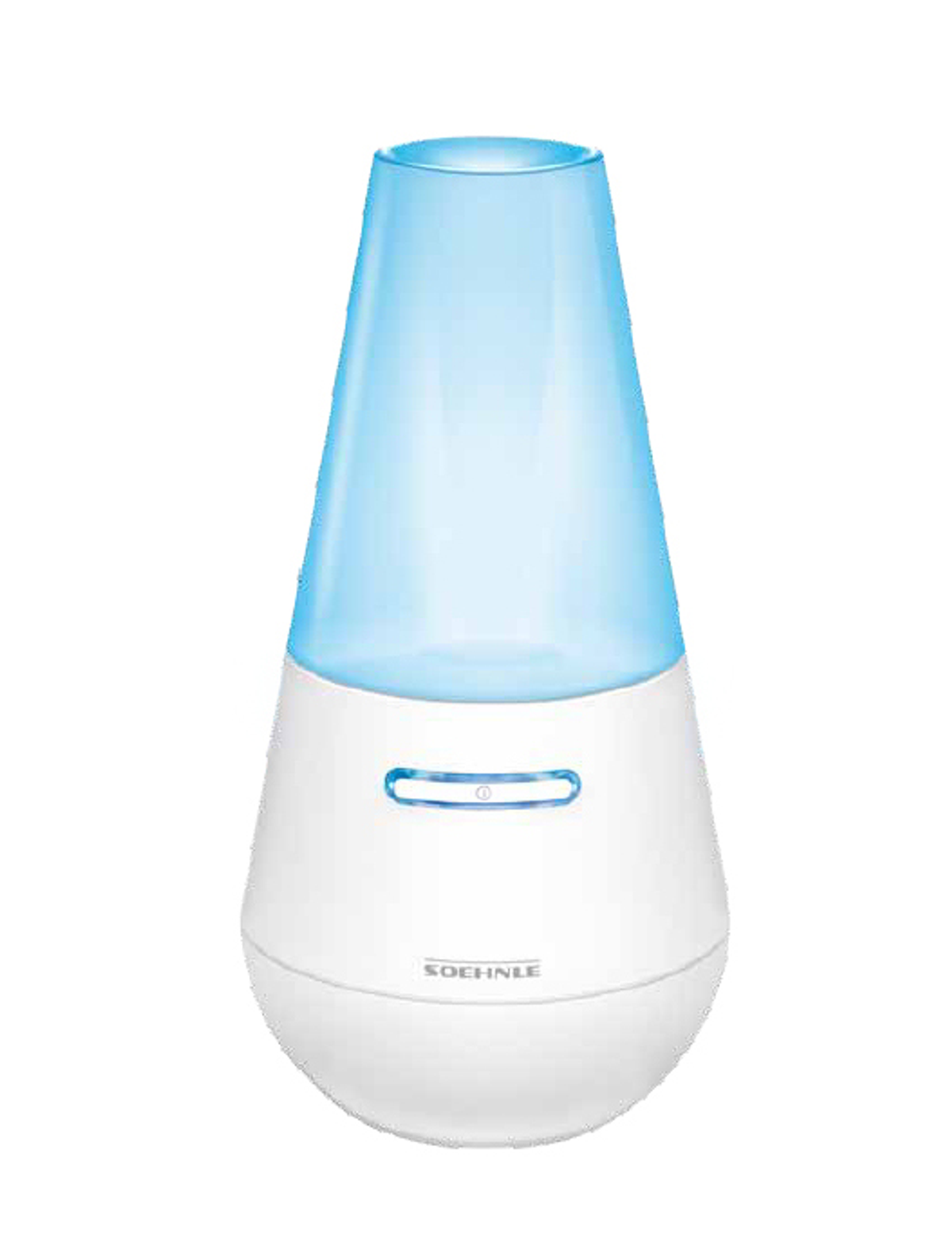 Un umidificatore bianco con parte superiore blu e pulsante di controllo illuminato.