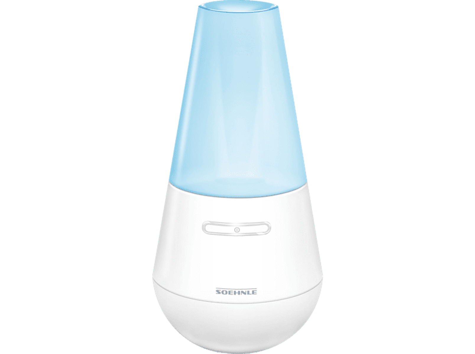 Un umidificatore bianco con una sezione superiore blu e un pulsante.
