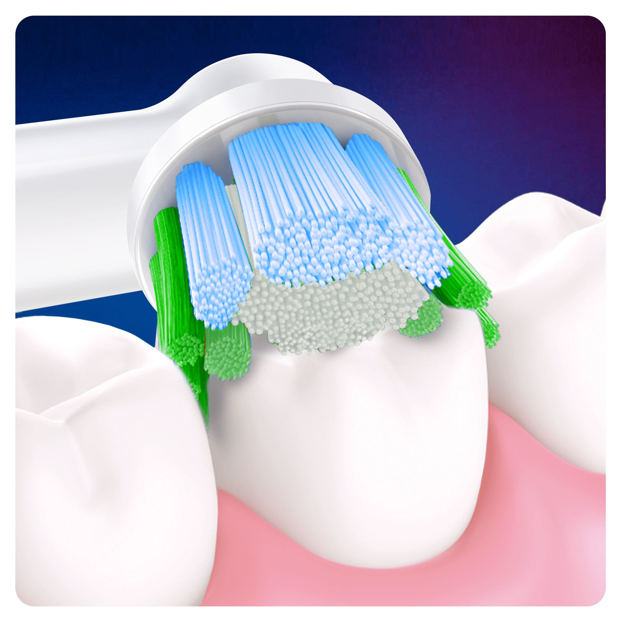 Primer plano del cabezal de un cepillo de dientes con cerdas azules, verdes y blancas.