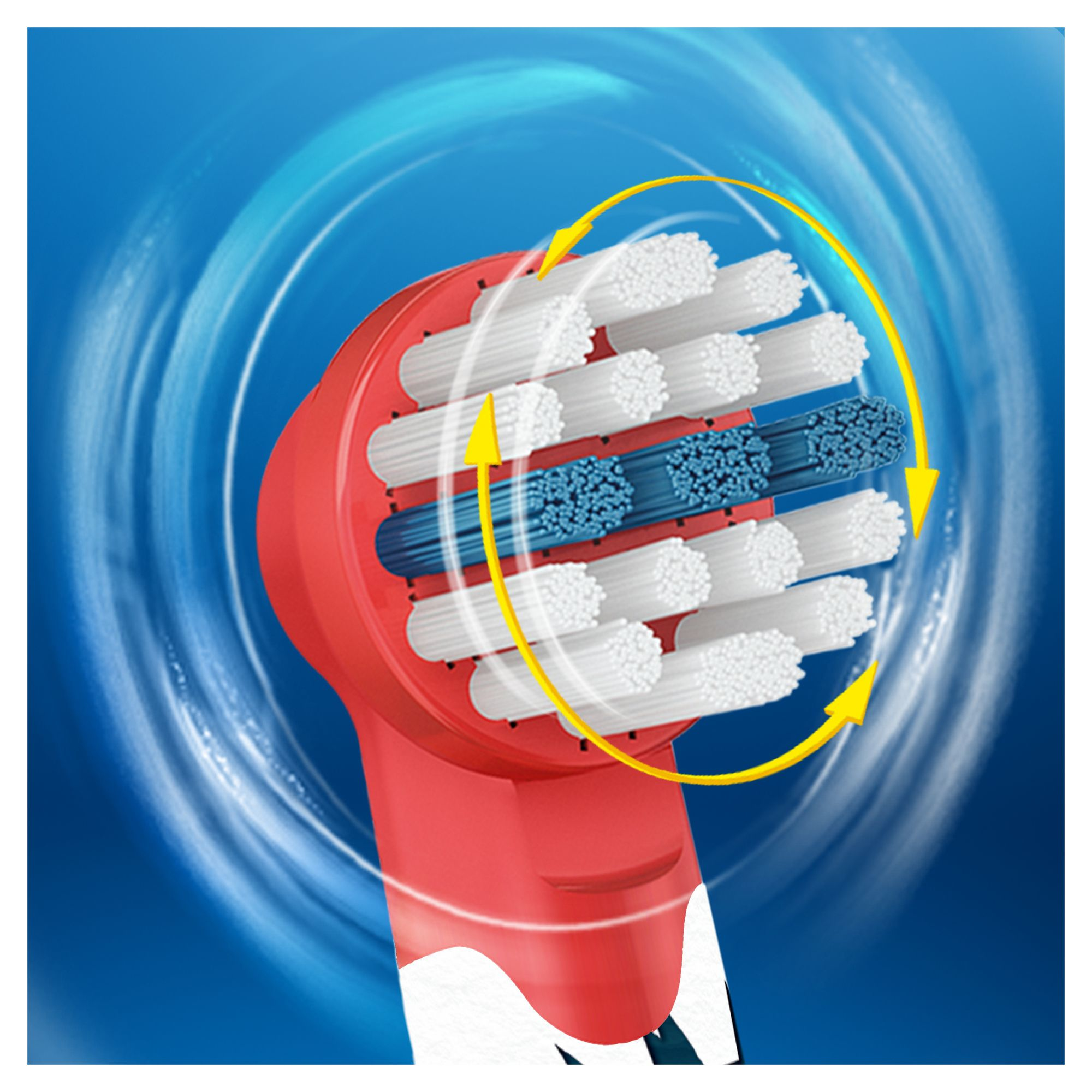 Główka szczoteczki elektrycznej z białym i niebieskim włosiem i czerwoną podstawą, zbliżenie.