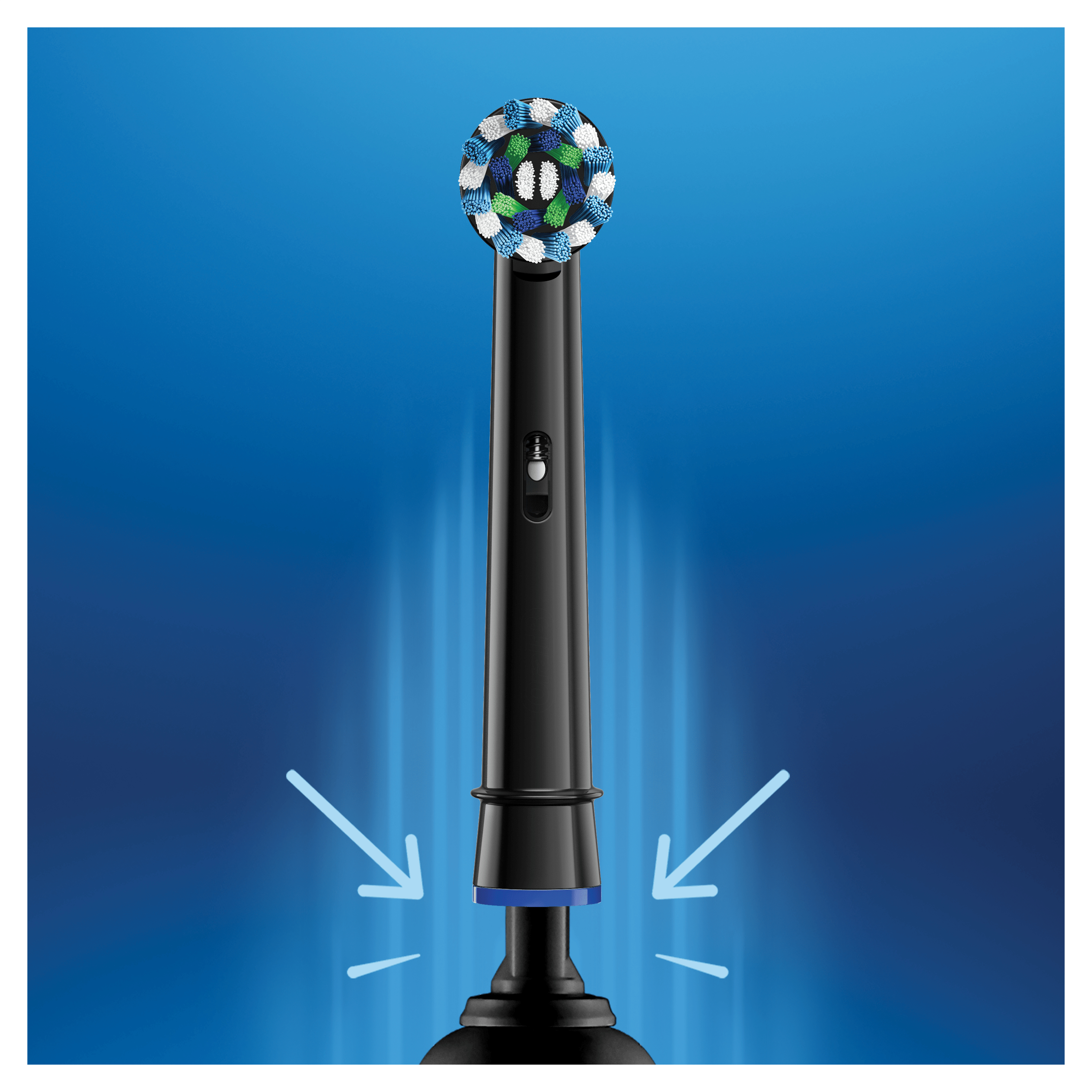 Główka szczoteczki elektrycznej na niebieskim tle. Strzałki wskazują na podstawę.