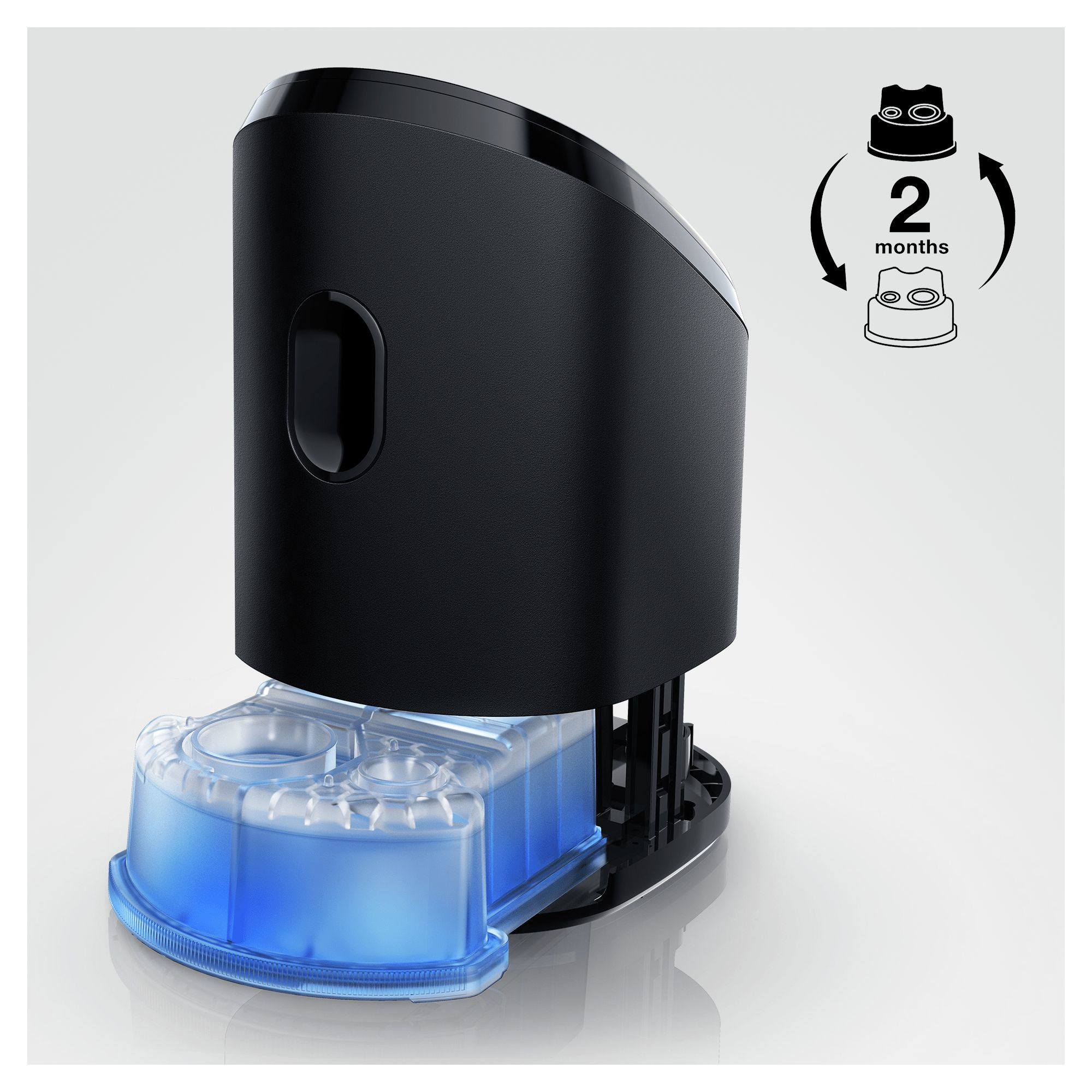 Czarna stacja czyszcząca z niebieskim pojemnikiem na płyn. Na górze wskaźnik wymiany na 2 miesiące.