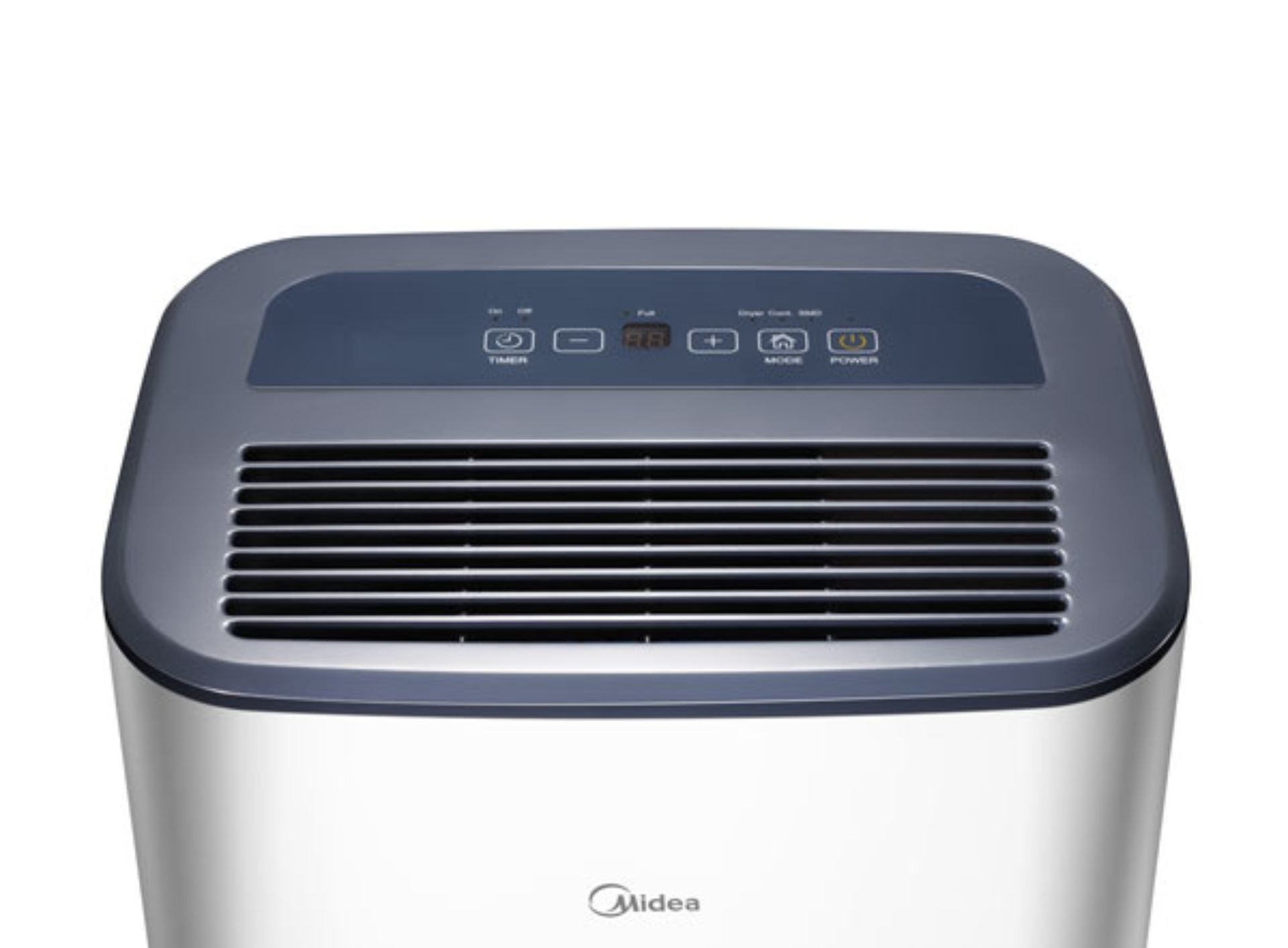 Oczyszczacz powietrza z szarą górą i białą obudową. Posiada przyciski sterowania i logo Midea.