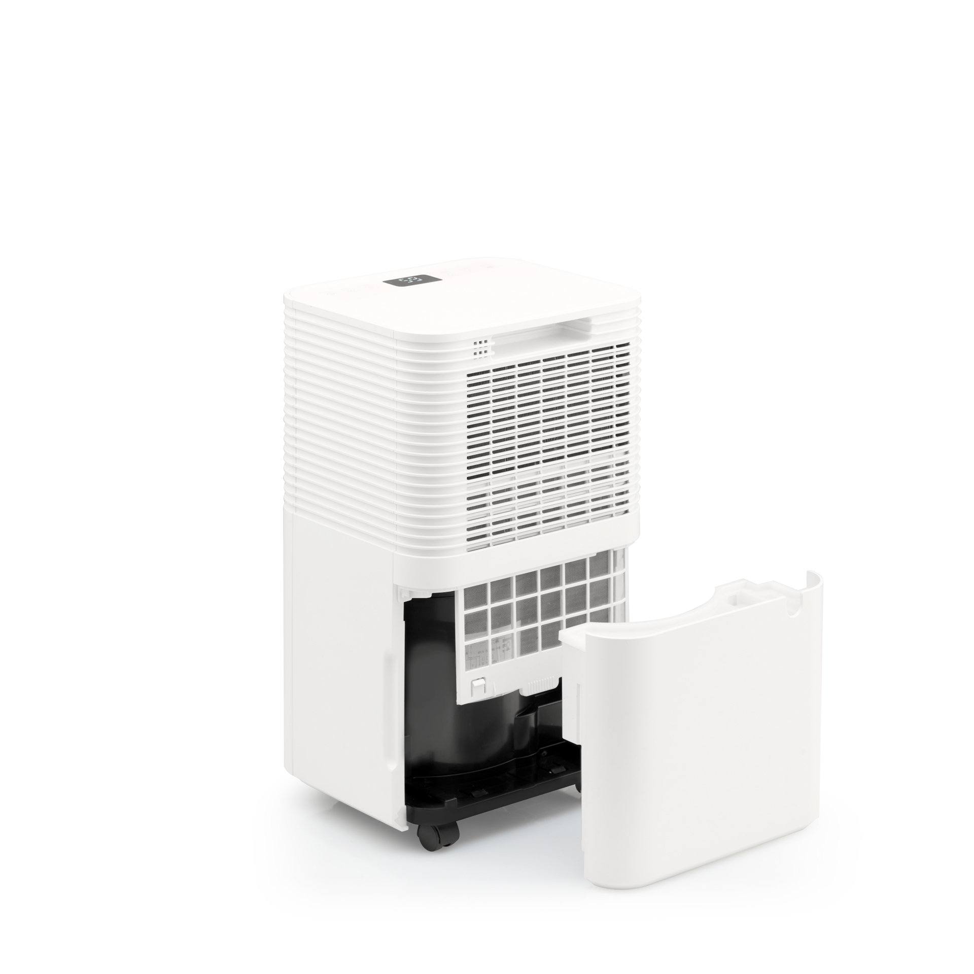 Biały osuszacz powietrza z otwartym panelem przednim, pokazującym filtr. Czarne wnętrze.