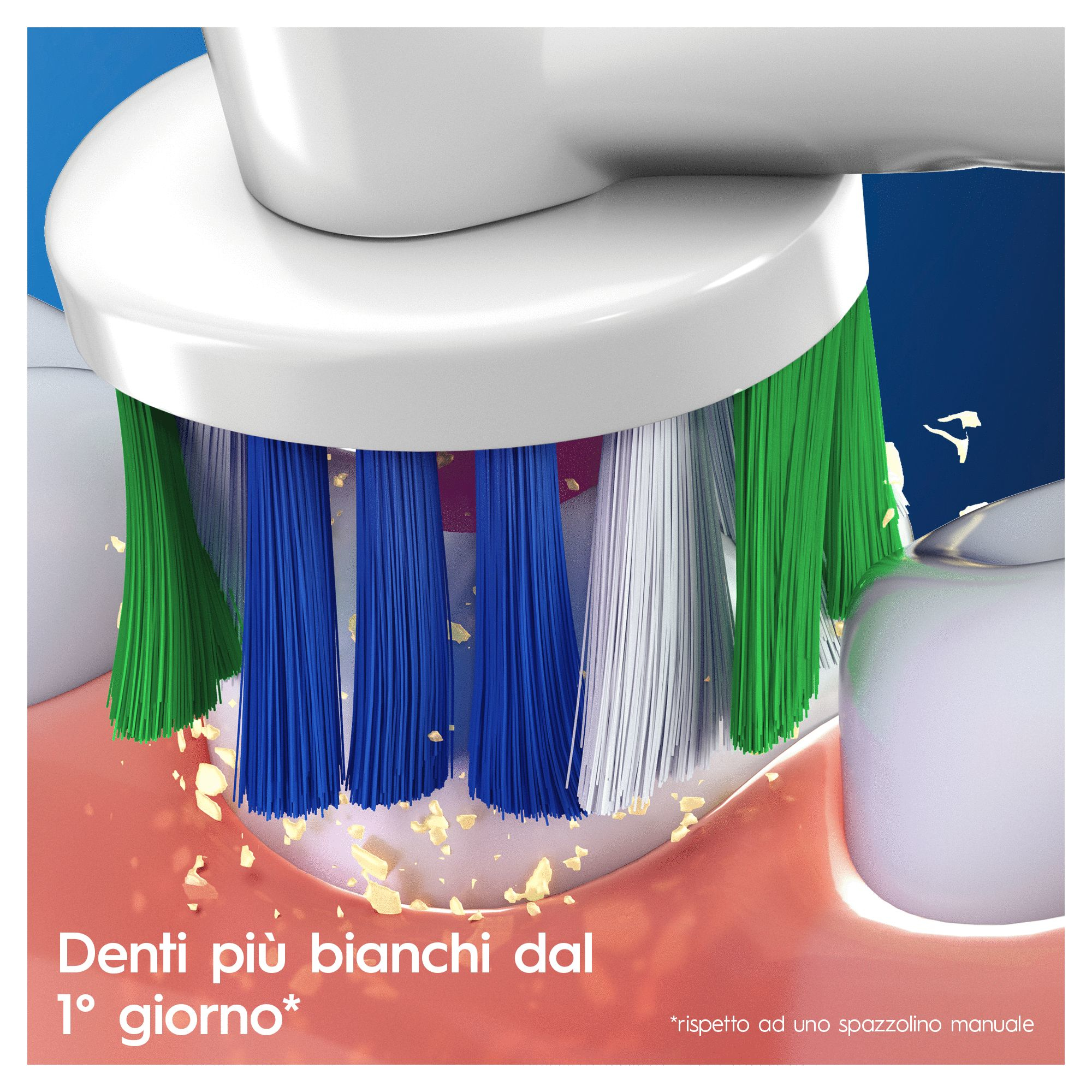 Primer plano de un cepillo de dientes eléctrico con cerdas blancas, azules y verdes limpiando los dientes.