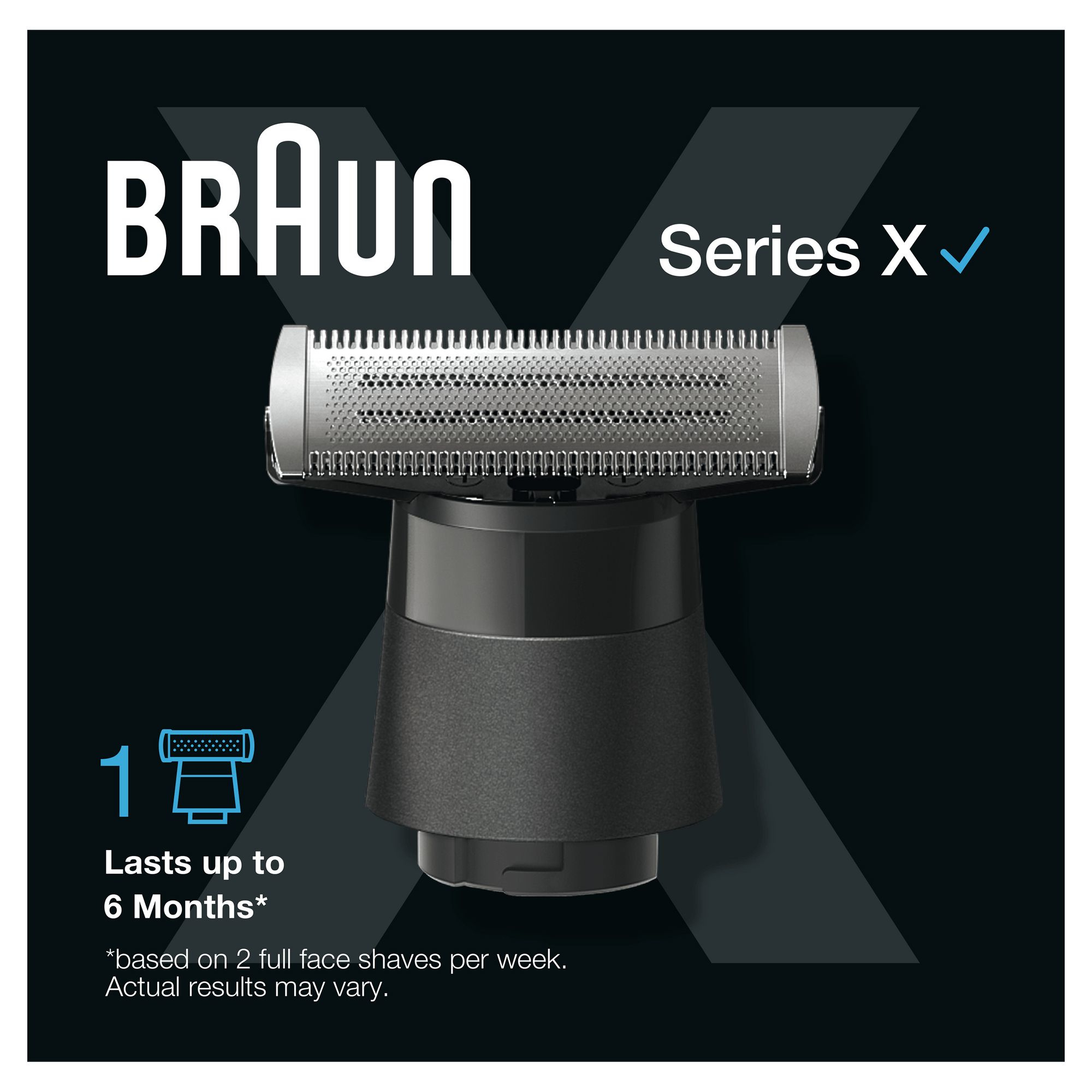 Das Bild zeigt einen Braun Series X Rasierkopf. Text: 'Hält bis zu 6 Monate'. Der Hintergrund ist schwarz.