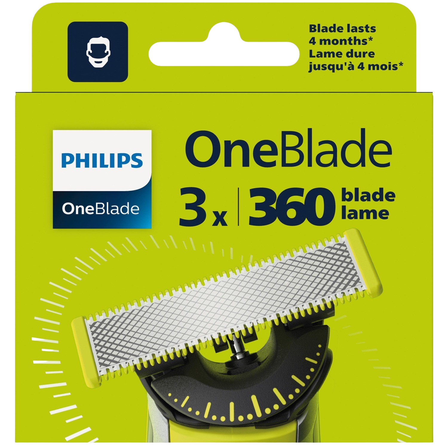 Confezione lame Philips OneBlade. Verde e bianco. Dice '3x lama' e 'la lama dura 4 mesi'.