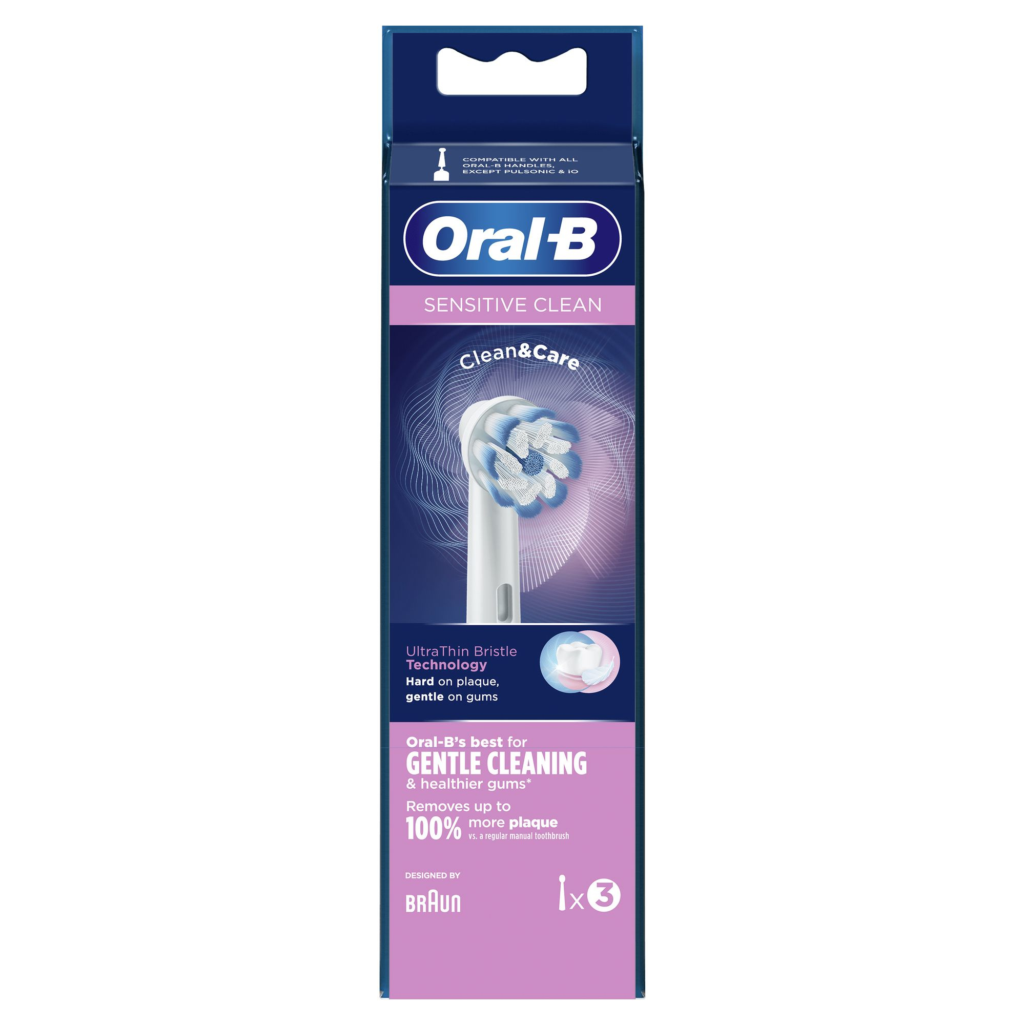 Paquete de cabezal de cepillo de dientes Oral-B Sensitive Clean. Incluye el cabezal y la información del producto.