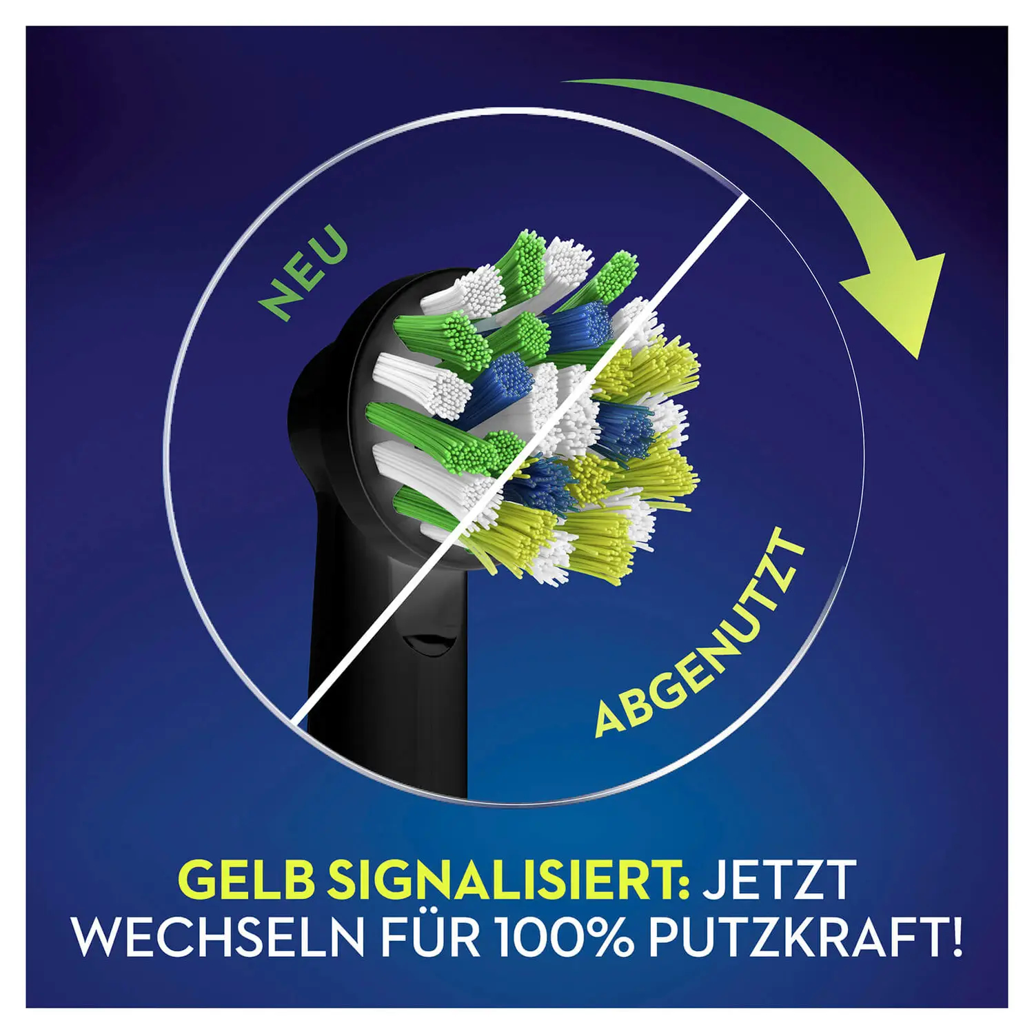 Zahnbürstenkopf mit grünen, weißen und blauen Borsten, markiert mit 'ABGENUTZT' und 'NEU'.