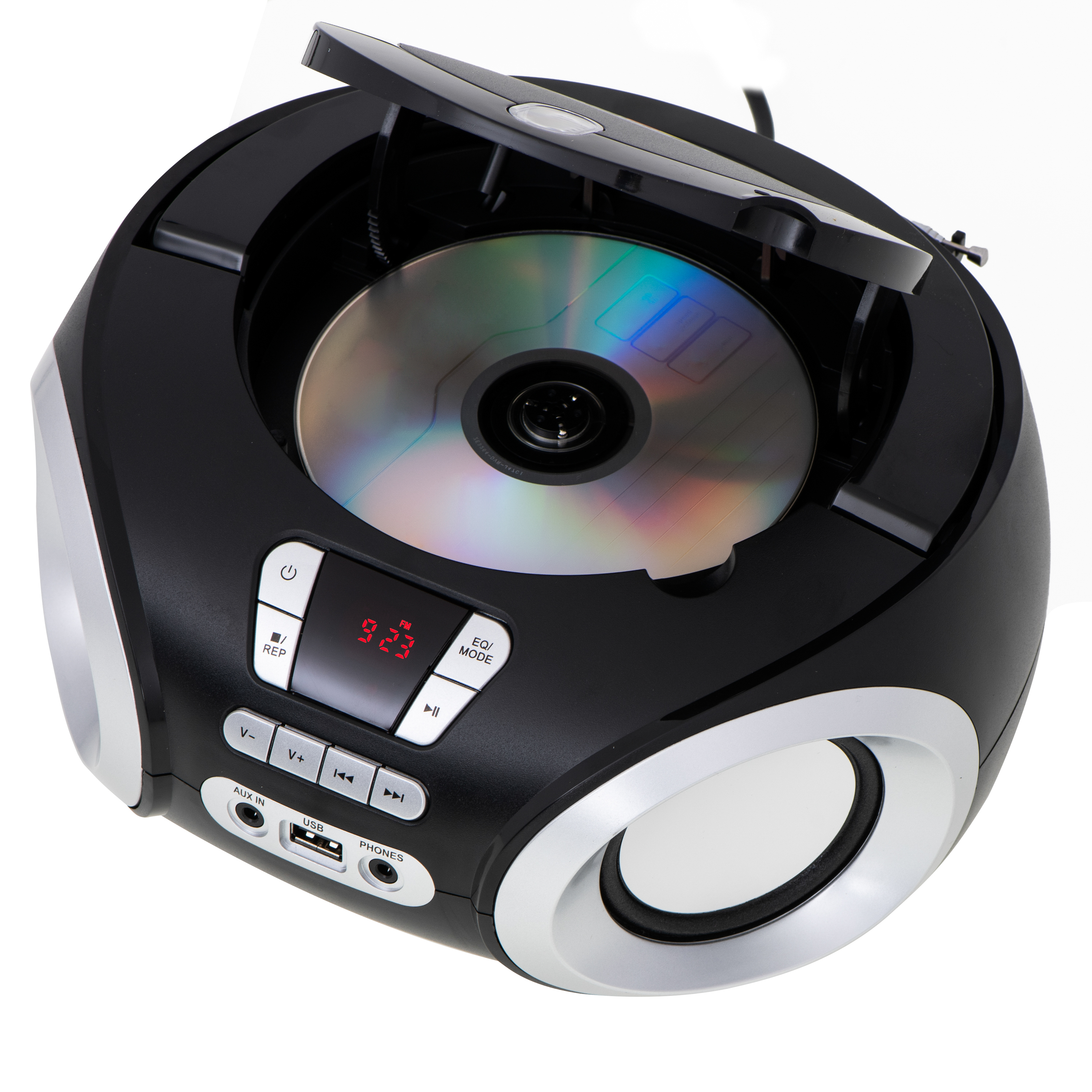 Ein schwarzer Musikplayer mit einer CD im Inneren.