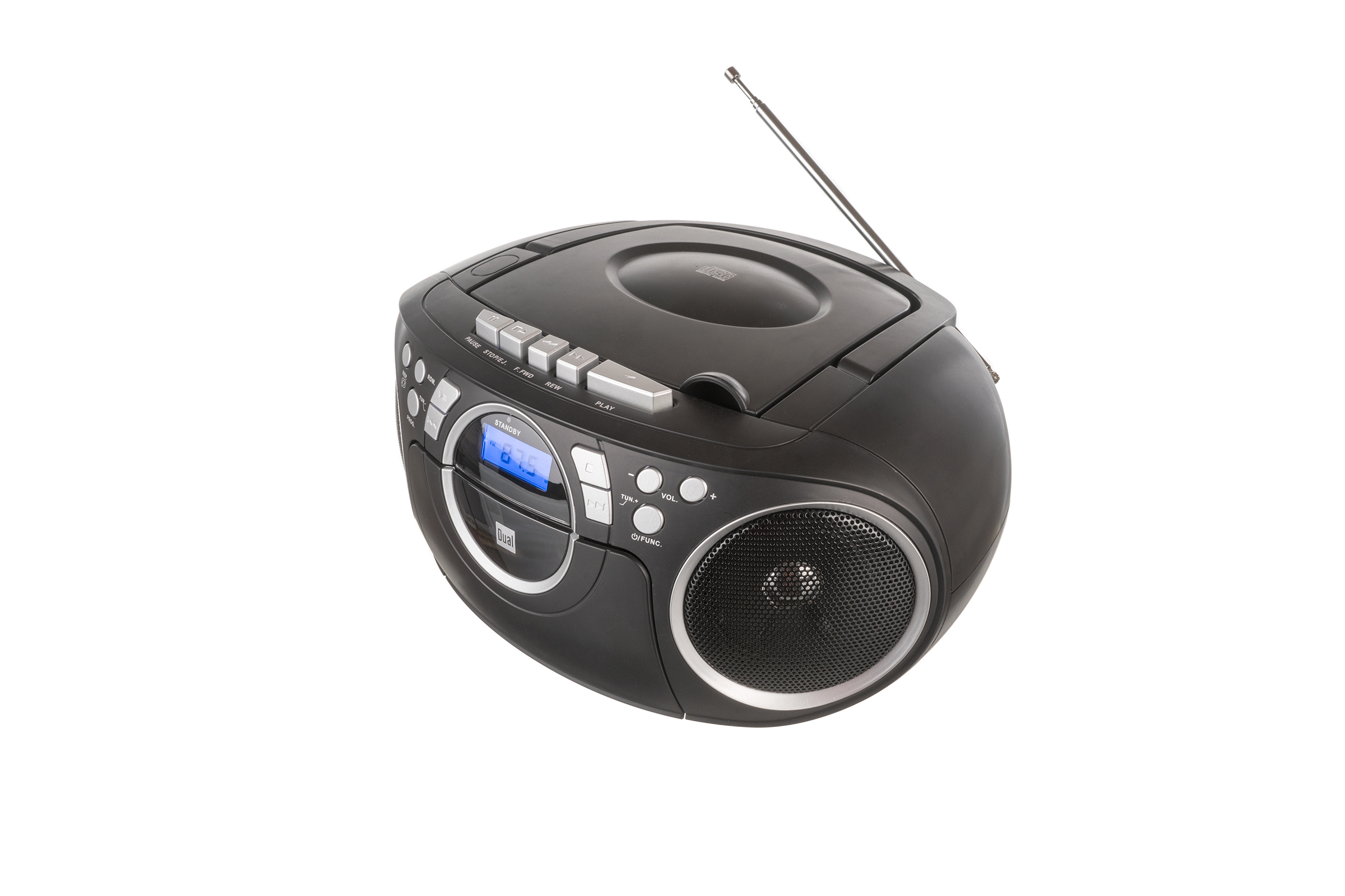 Ein schwarzer Ghettoblaster mit CD-Player und Radio, auf weißem Hintergrund.