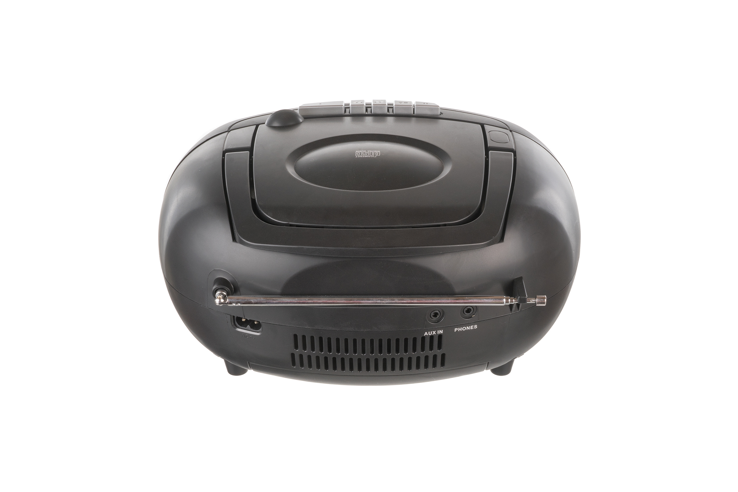 Schwarze Boombox, Draufsicht. Hat Antenne, Aux- und Kopfhöreranschluss. Verfügt über einen CD-Player.