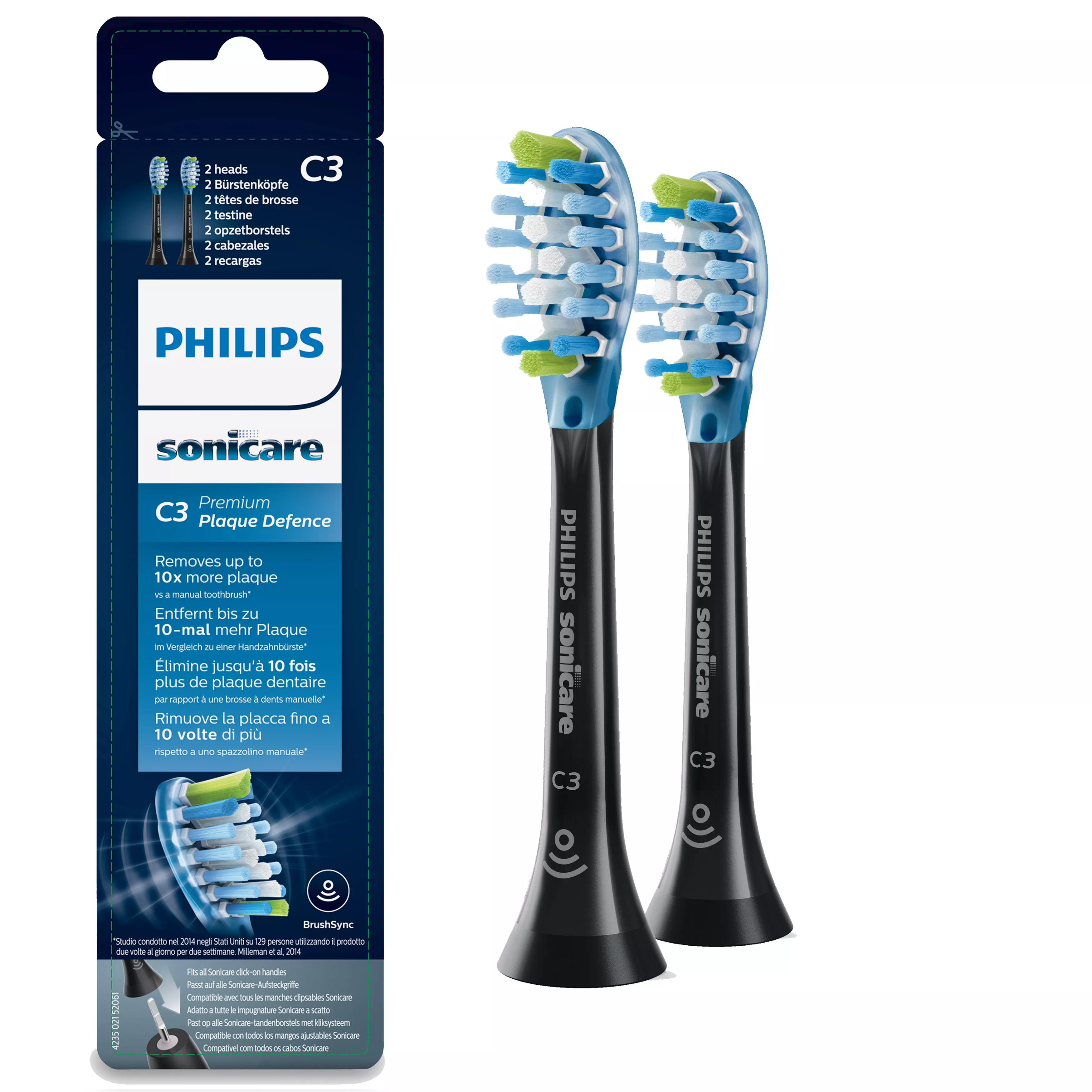 Due testine per spazzolino Philips Sonicare. Sono nere con setole blu e verdi.