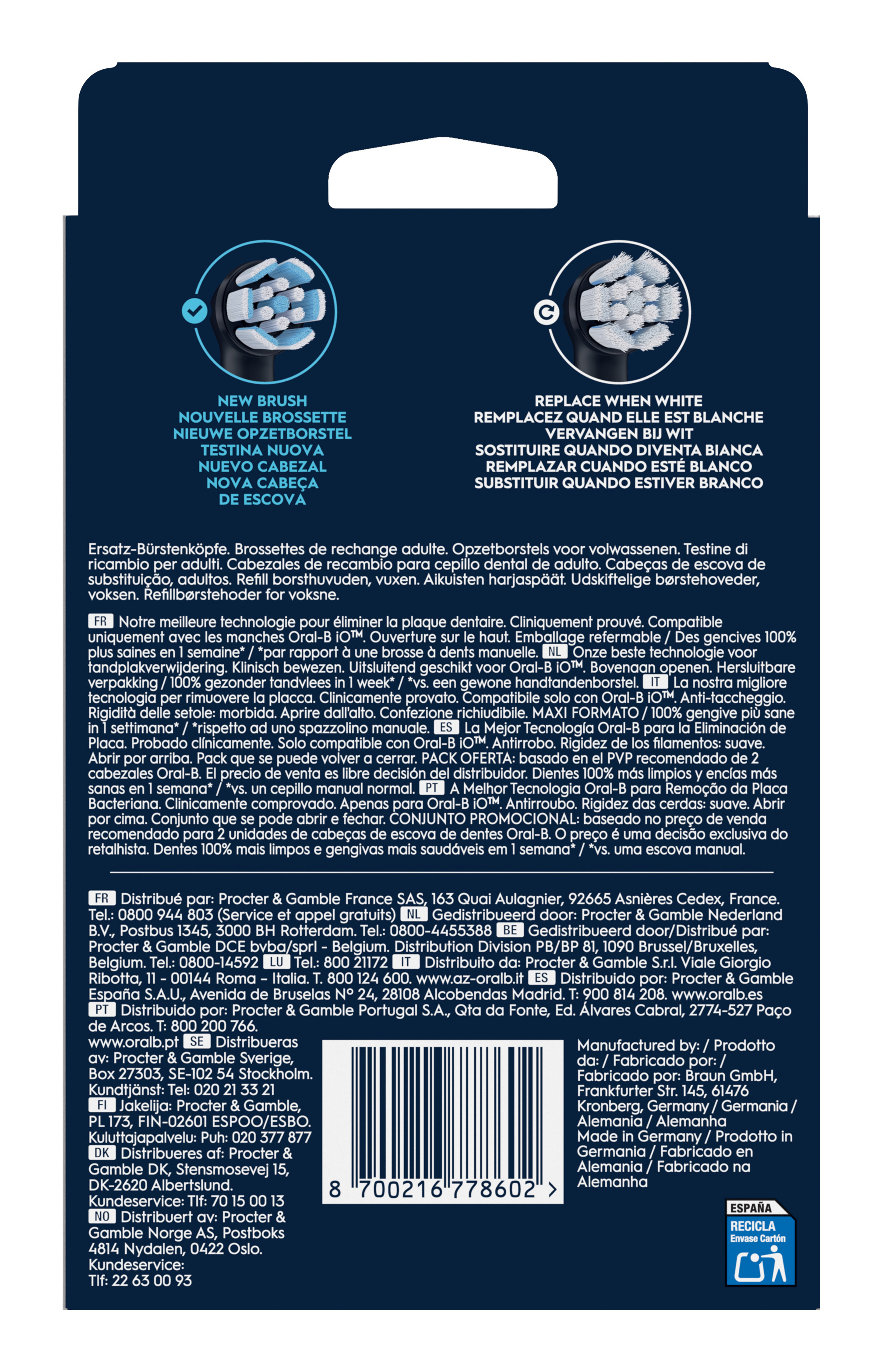 Tył opakowania główki szczoteczki do zębów z tekstem i kodami kreskowymi.