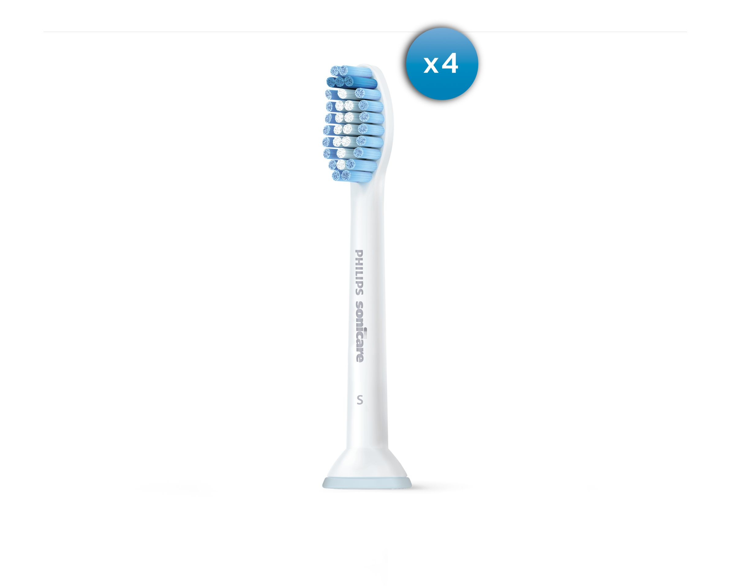 Cabezal de cepillo Philips Sonicare blanco con cerdas azules, sobre fondo blanco.