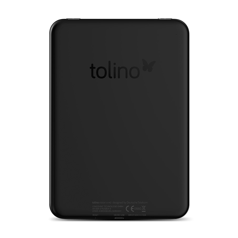 Die Rückseite eines schwarzen E-Readers mit Logo und Text. Weißer Hintergrund.
