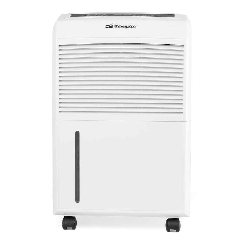 Biały osuszacz powietrza. Posiada górny panel sterowania i wskaźnik poziomu wody. Posiada kółka.