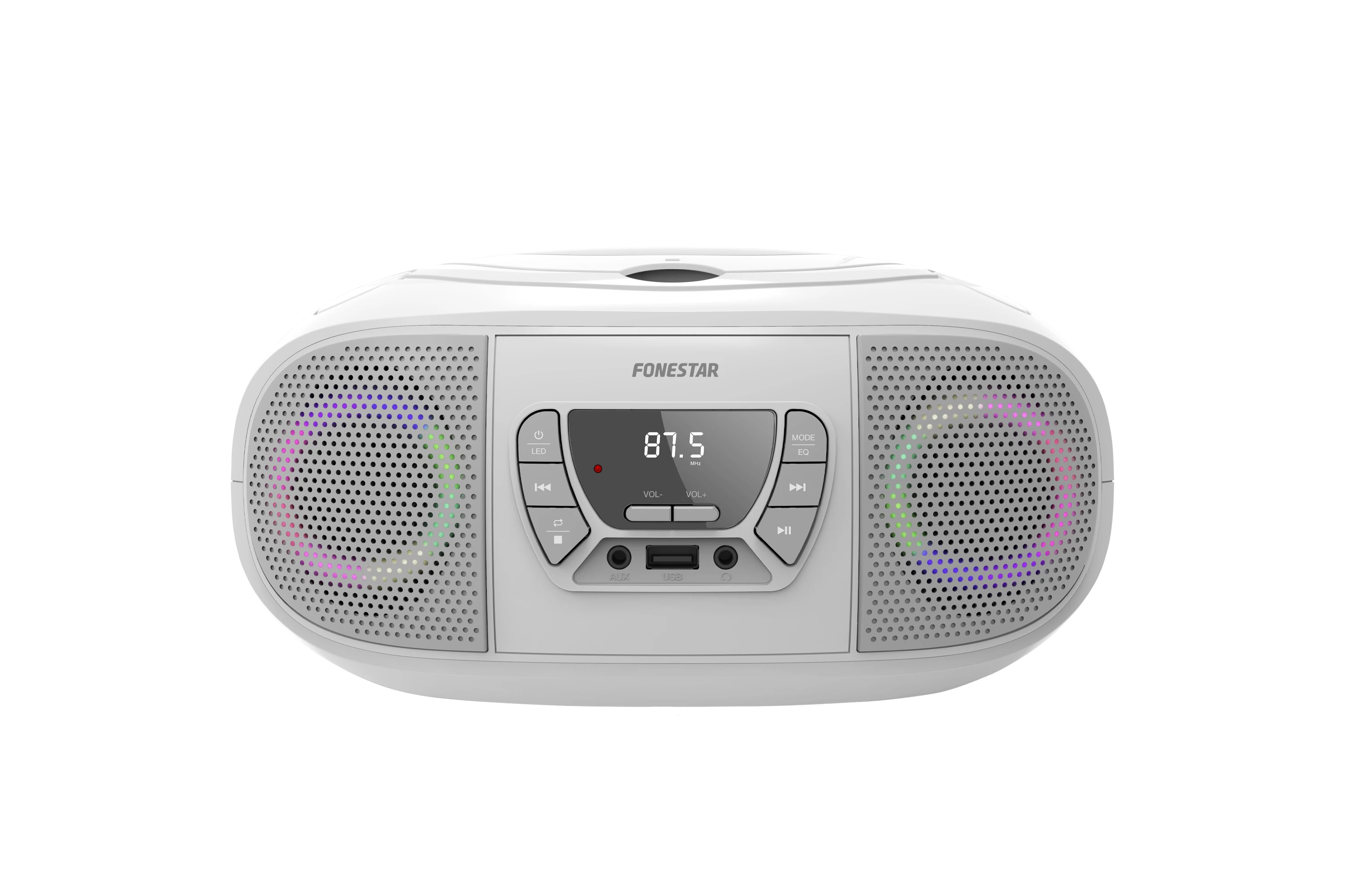 Un sistema estéreo blanco con luces coloridas alrededor de los altavoces, sobre un fondo blanco.