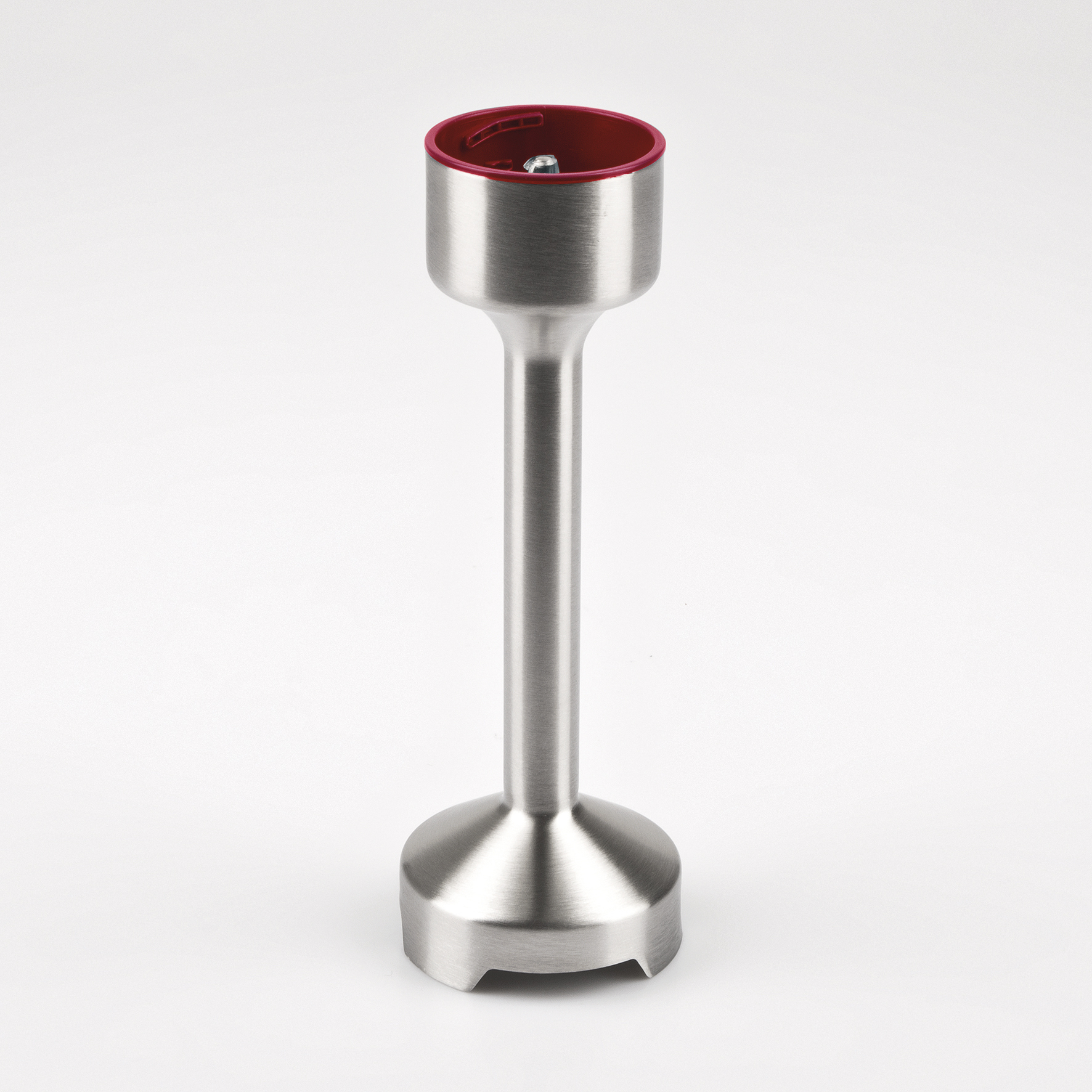 Srebrna końcówka blendera ręcznego z czerwoną górą, na białym tle.