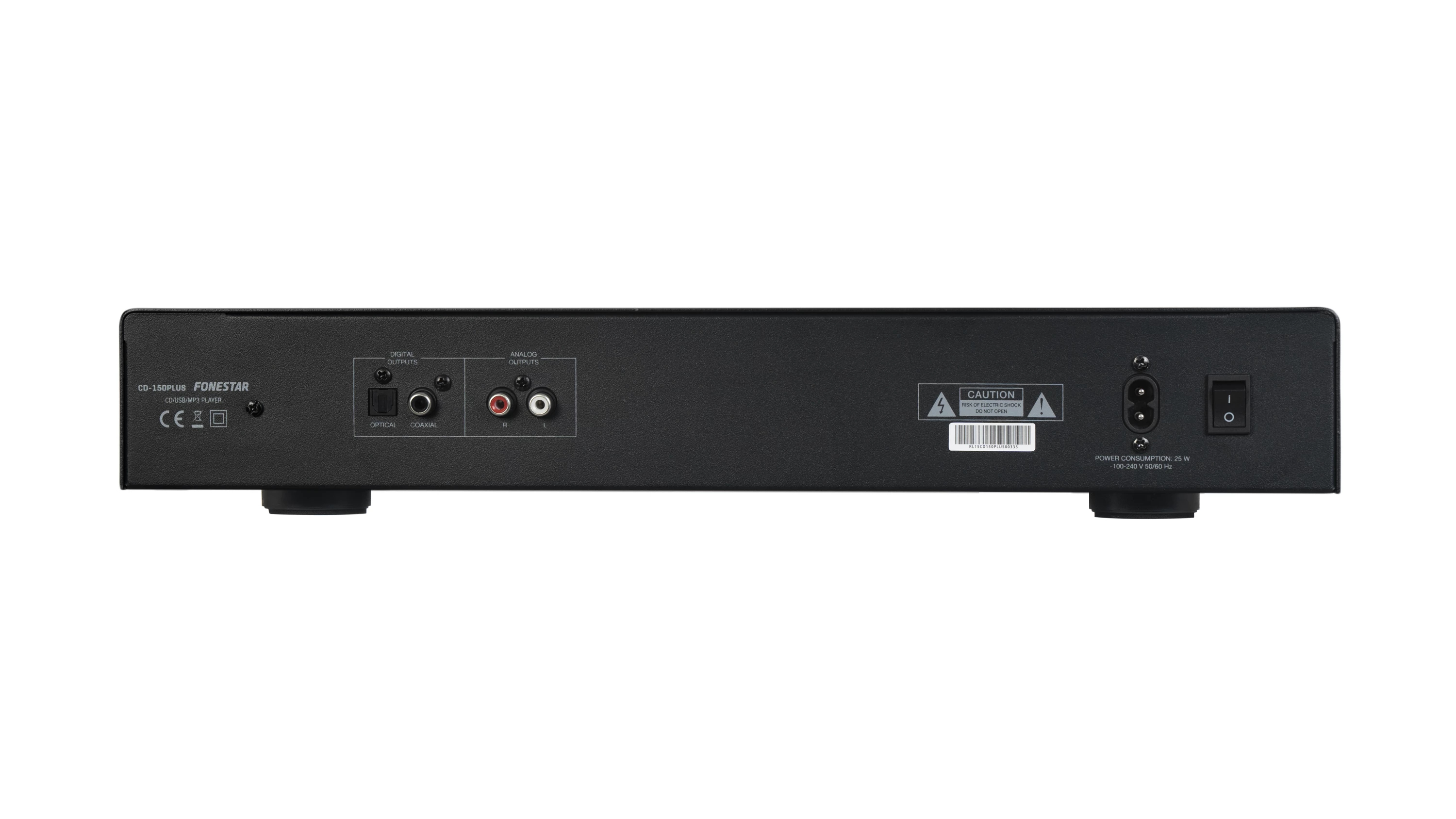 Panel trasero negro de reproductor de CD con puertos y entrada de alimentación sobre fondo blanco.