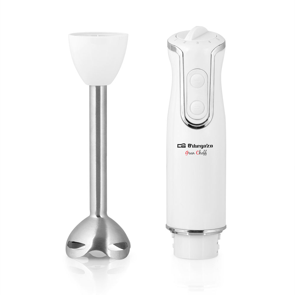 Batidora de mano blanca con dos partes: el cuerpo principal y el cabezal de acero inoxidable.