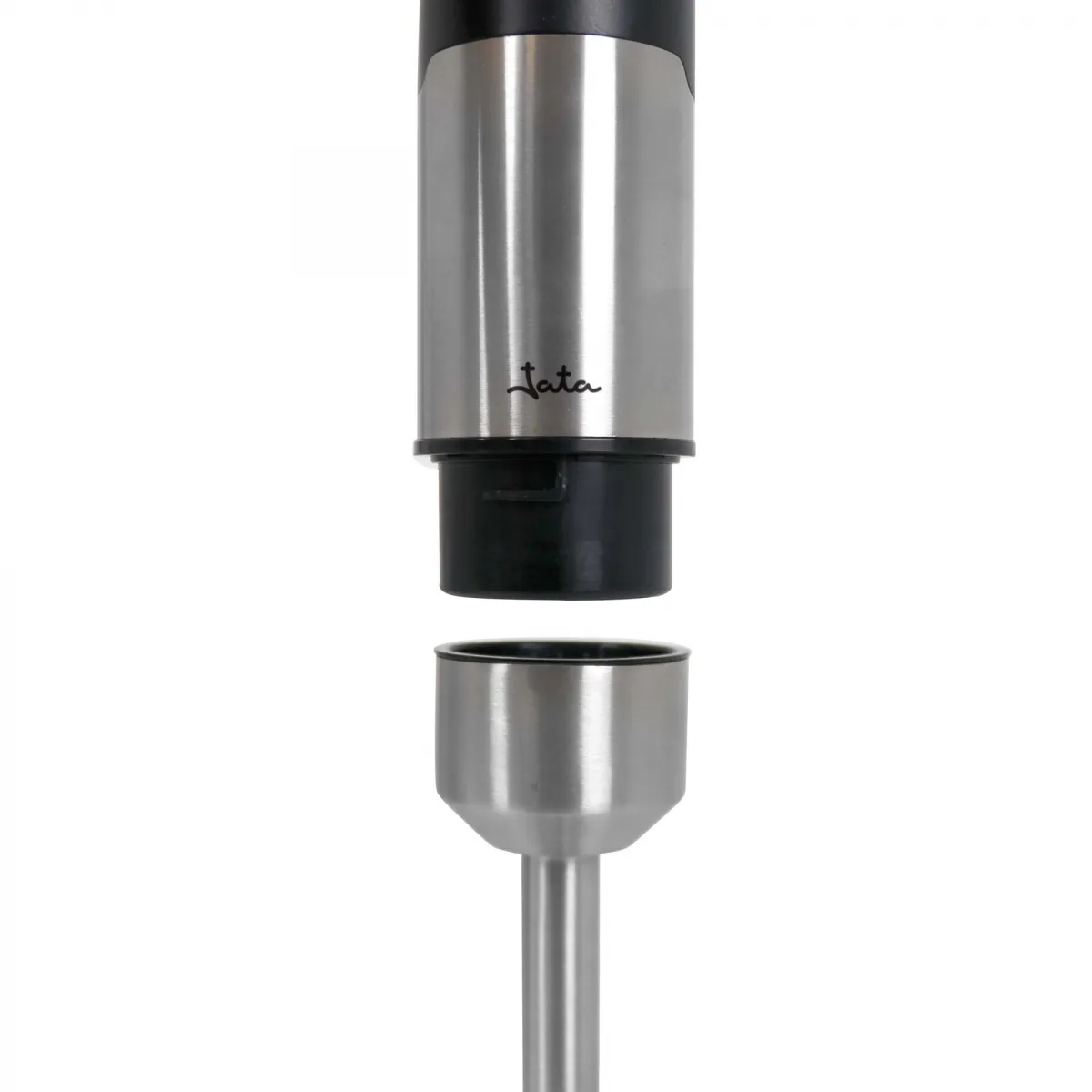 Rozłączony blender zanurzeniowy ze stali nierdzewnej, z czarnym połączeniem.