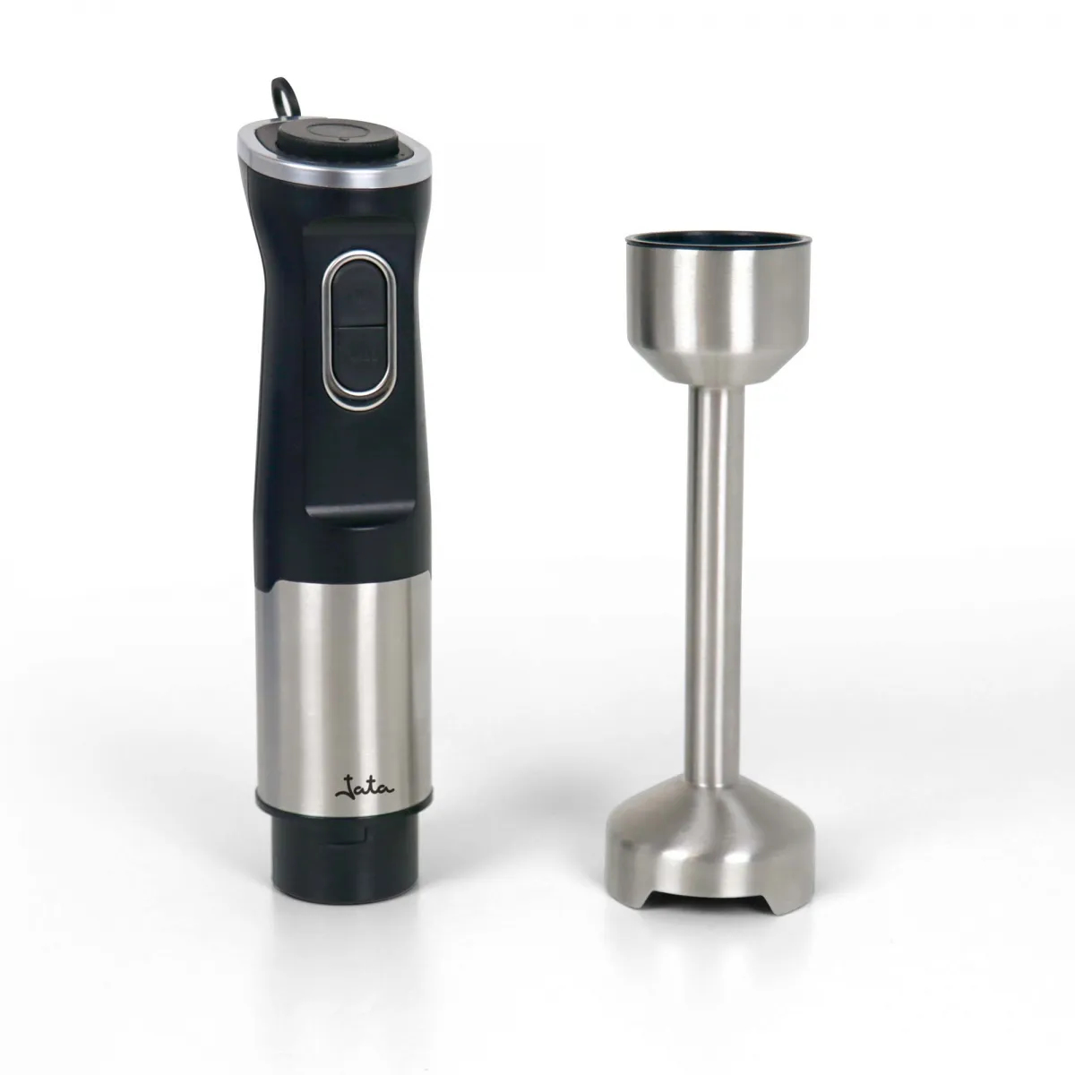 Czarny i srebrny blender ręczny z dwóch części: silnika i przystawki do blendowania.