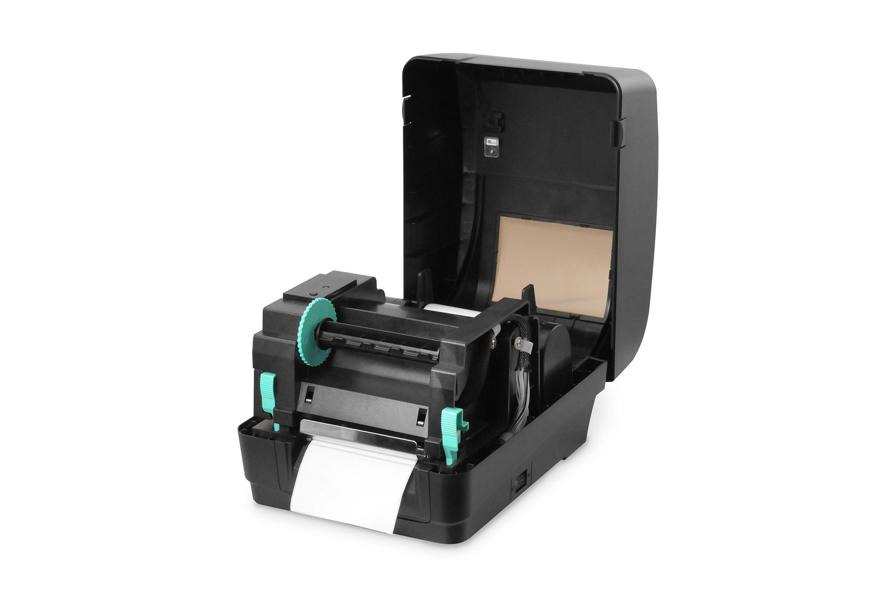 Czarna drukarka etykiet z otwartą górną pokrywą, odsłaniająca mechanizm wewnętrzny.